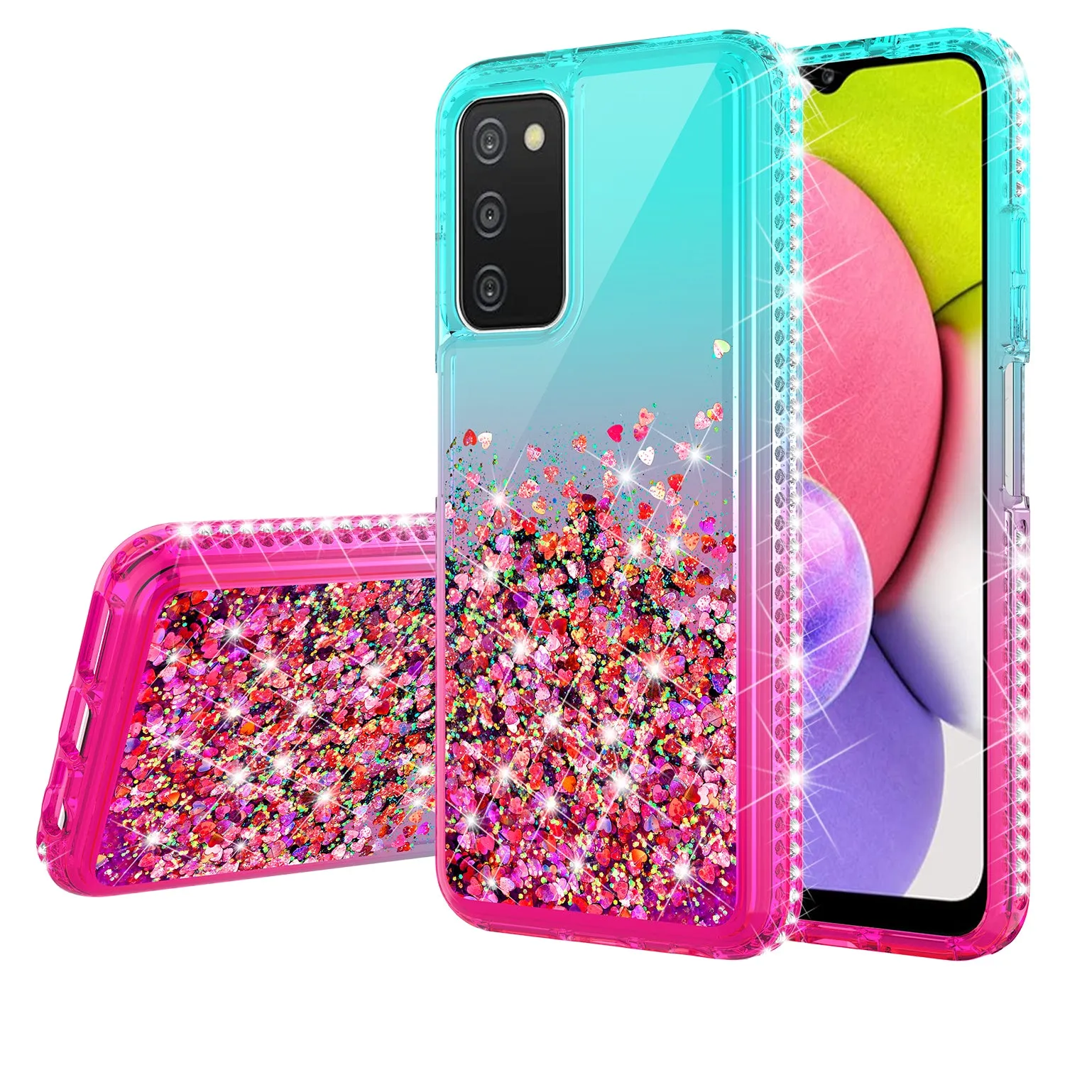 For Samsung Galaxy A03s Case Liquid Glitter Phone Case Waterfall Floating Quicksand Bling Sparkle Cute Protective Girls Women Cover for Samsung Galaxy A03s W/Temper Glass -  (Teal/Pink Gradient)