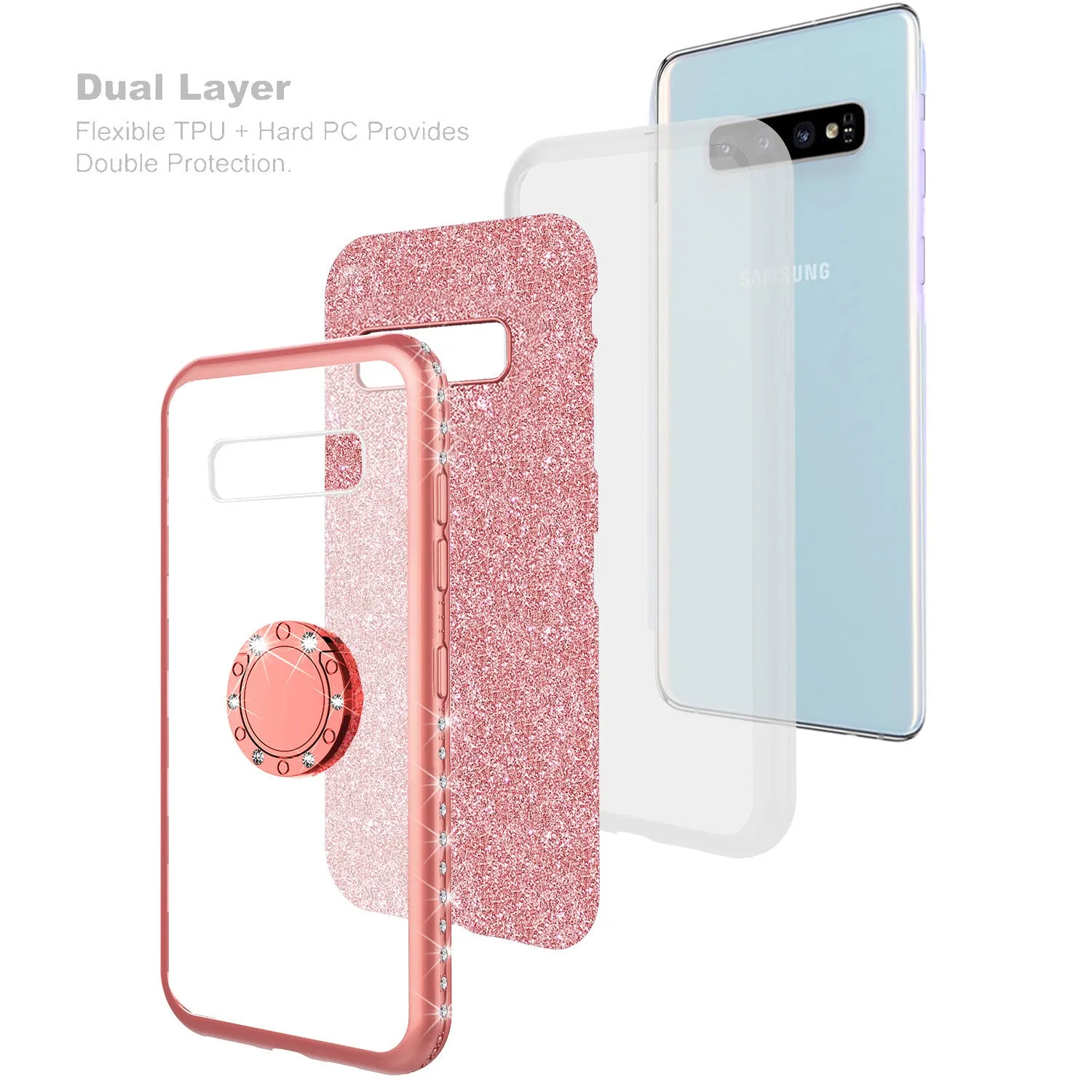 Glitter Cute Phone Case Girls Kickstand Compatible for Samsung Galaxy S10 Plus Case,Bling Diamond Bumper Ring Stand Soft Sparkly Galaxy S10 Plus - Rose Gold