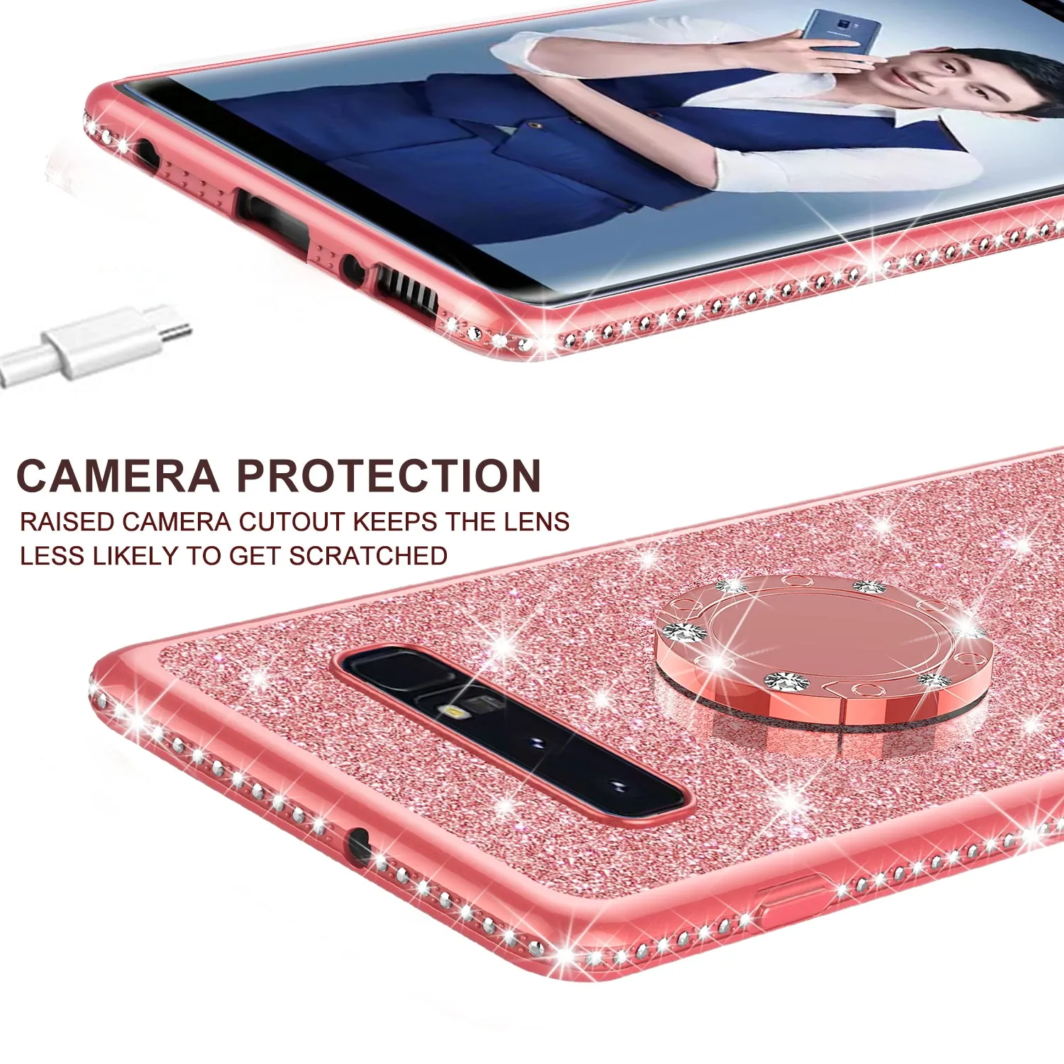 Glitter Cute Phone Case Girls Kickstand Compatible for Samsung Galaxy S10 Plus Case,Bling Diamond Bumper Ring Stand Soft Sparkly Galaxy S10 Plus - Rose Gold