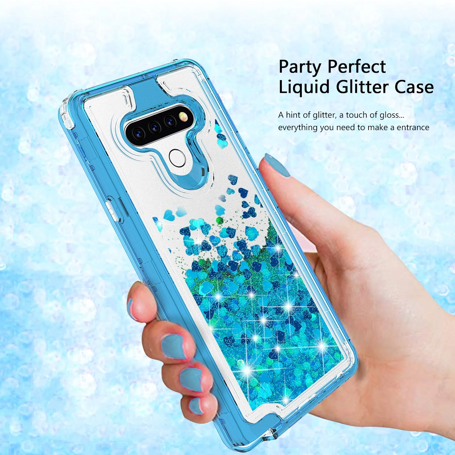 LG K51 Case,Hard Clear Glitter Sparkle Flowing Liquid Heavy Duty Shockproof Three Layer Protective Bling Girls Women Cases for LG K51 - Teal