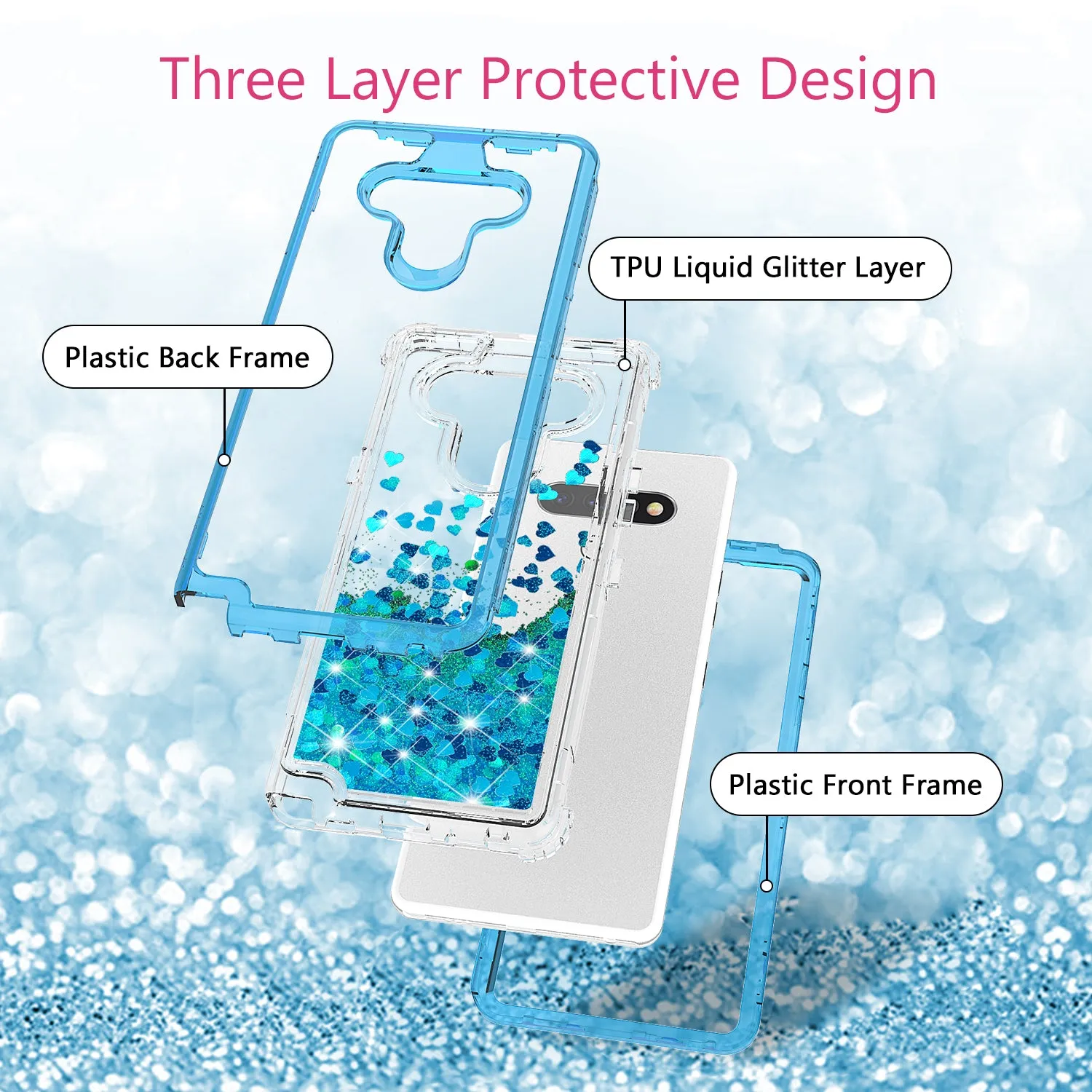 LG K51 Case,Hard Clear Glitter Sparkle Flowing Liquid Heavy Duty Shockproof Three Layer Protective Bling Girls Women Cases for LG K51 - Teal