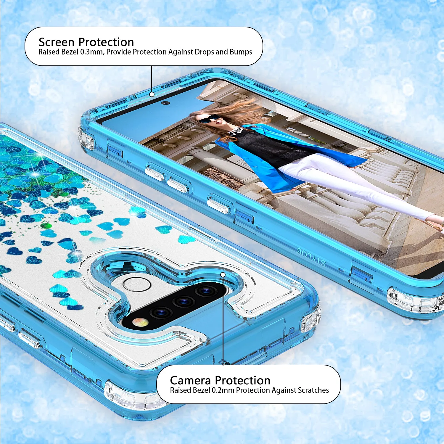 LG K51 Case,Hard Clear Glitter Sparkle Flowing Liquid Heavy Duty Shockproof Three Layer Protective Bling Girls Women Cases for LG K51 - Teal