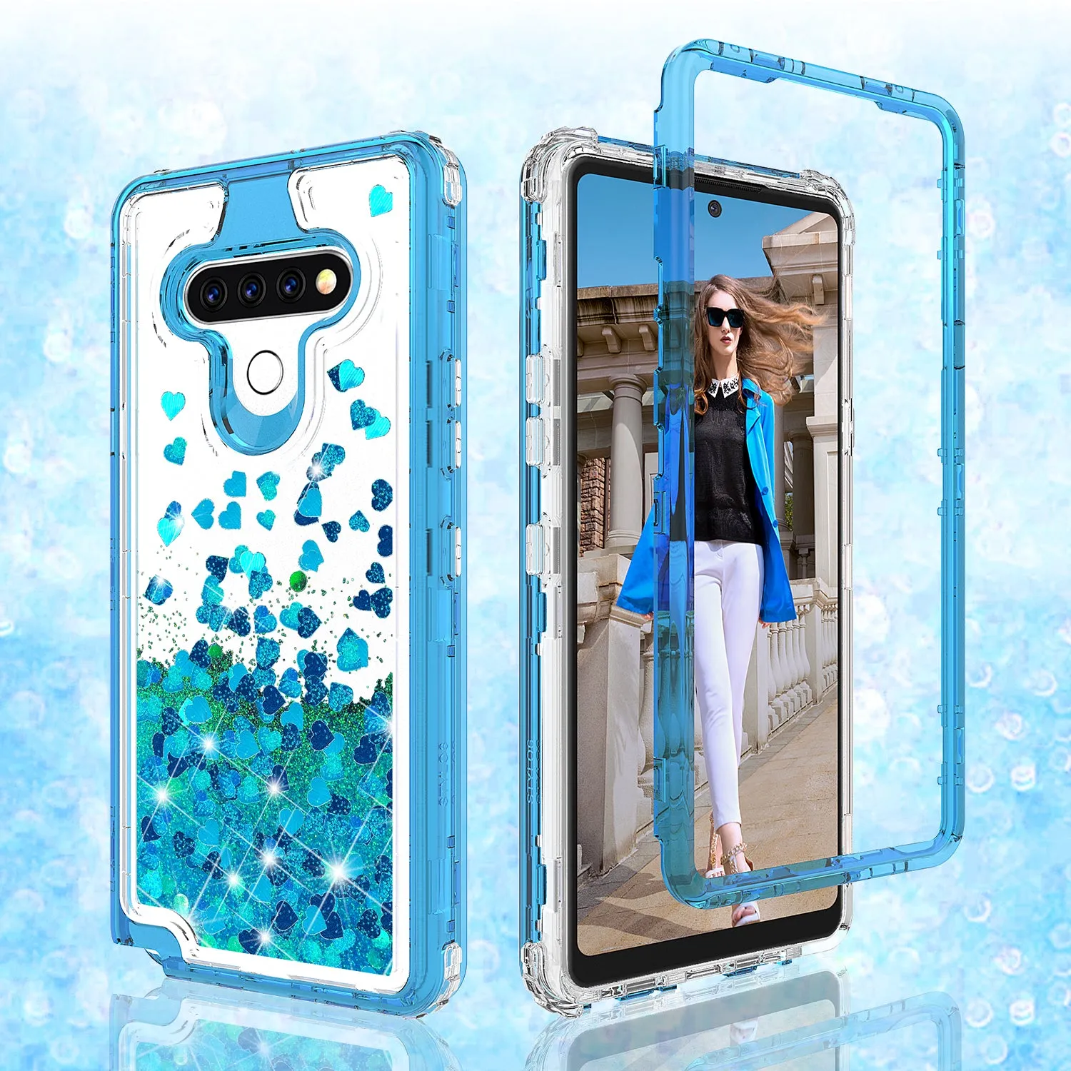 LG K51 Case,Hard Clear Glitter Sparkle Flowing Liquid Heavy Duty Shockproof Three Layer Protective Bling Girls Women Cases for LG K51 - Teal