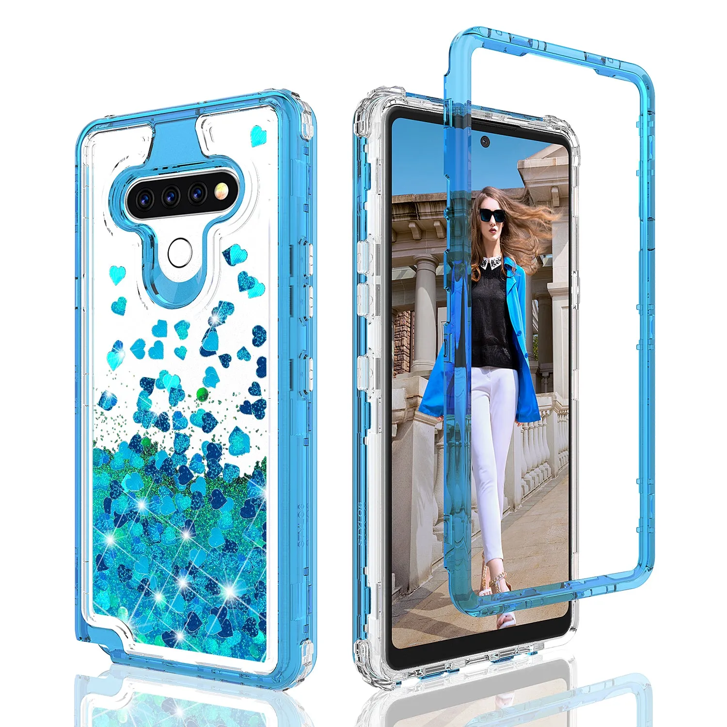 LG K51 Case,Hard Clear Glitter Sparkle Flowing Liquid Heavy Duty Shockproof Three Layer Protective Bling Girls Women Cases for LG K51 - Teal