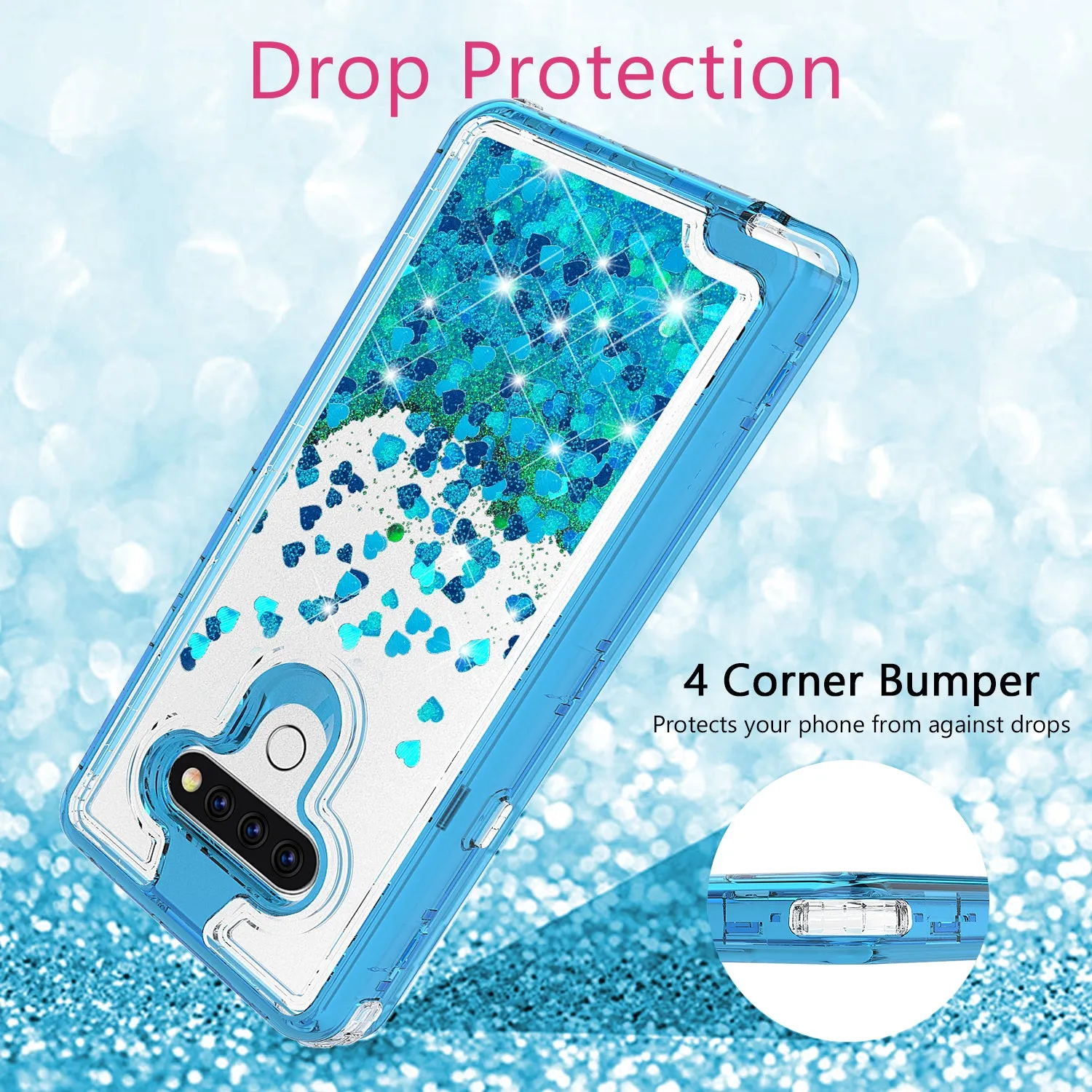 LG K51 Case,Hard Clear Glitter Sparkle Flowing Liquid Heavy Duty Shockproof Three Layer Protective Bling Girls Women Cases for LG K51 - Teal