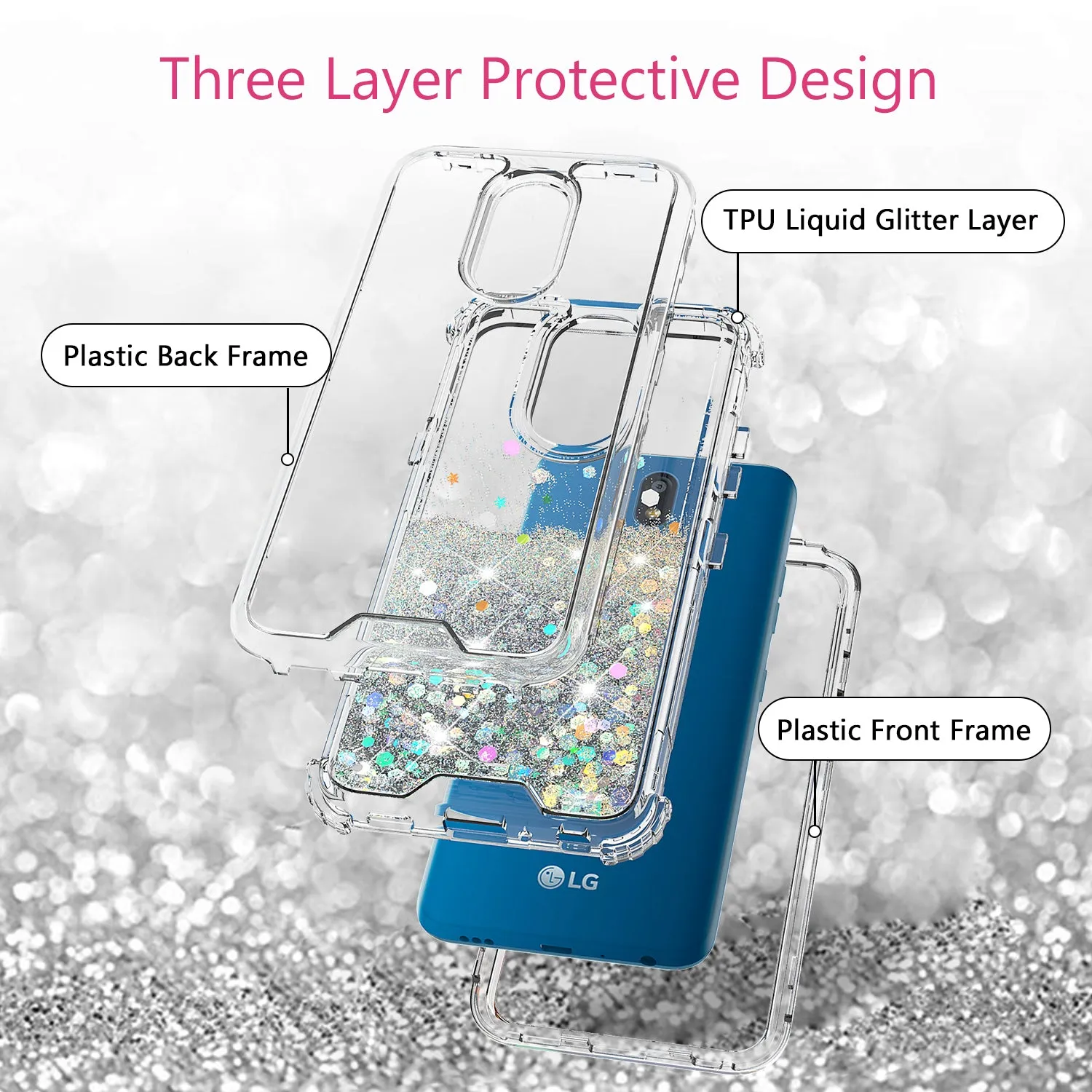LG Prime 2/Aristo 4 /Aristo 4 Plus Case,Hard Clear Glitter Sparkle Flowing Liquid Heavy Duty Shockproof Three Layer Protective Bling Girls Women Cases for LG Prime 2/Aristo 4 /Aristo 4 Plus - Clear