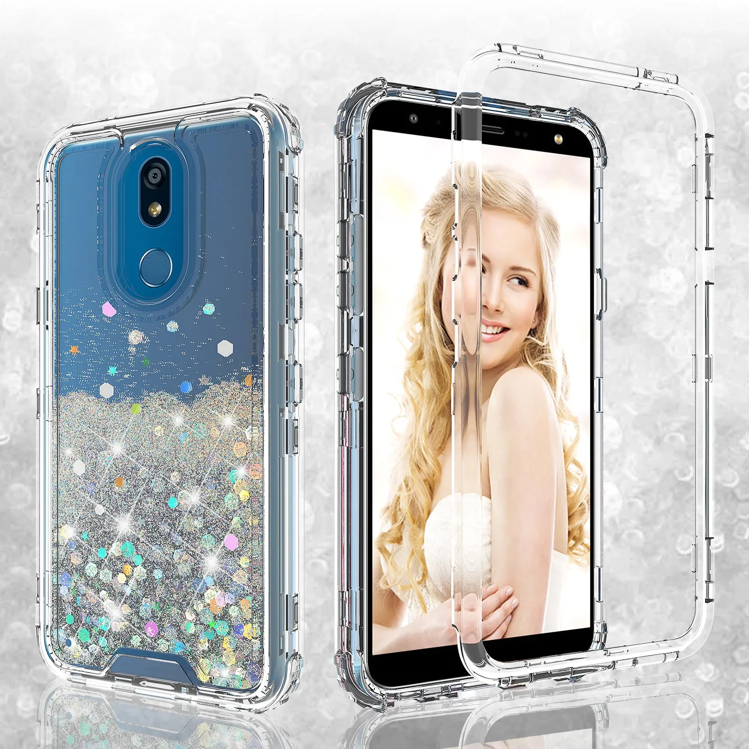 LG Prime 2/Aristo 4 /Aristo 4 Plus Case,Hard Clear Glitter Sparkle Flowing Liquid Heavy Duty Shockproof Three Layer Protective Bling Girls Women Cases for LG Prime 2/Aristo 4 /Aristo 4 Plus - Clear