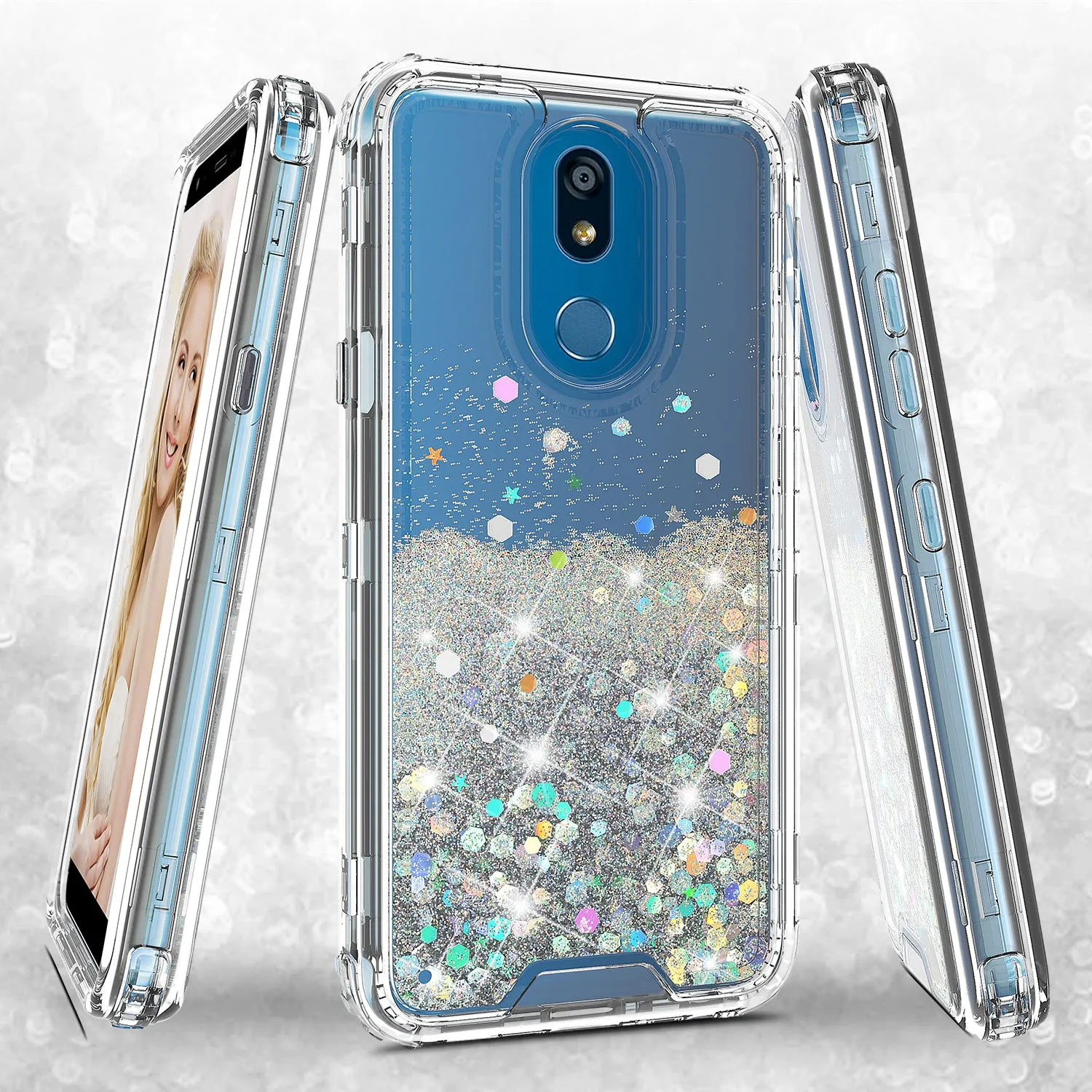 LG Prime 2/Aristo 4 /Aristo 4 Plus Case,Hard Clear Glitter Sparkle Flowing Liquid Heavy Duty Shockproof Three Layer Protective Bling Girls Women Cases for LG Prime 2/Aristo 4 /Aristo 4 Plus - Clear