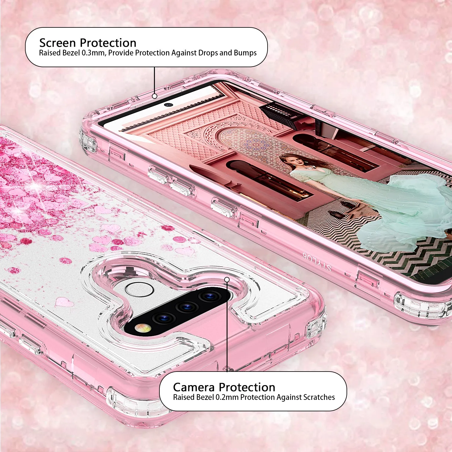 LG Stylo 6 Case,Hard Clear Glitter Sparkle Flowing Liquid Heavy Duty Shockproof Three Layer Protective Bling Girls Women Cases for LG Stylo 6 - Pink