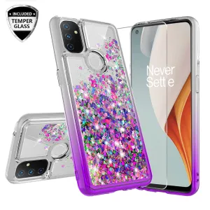 OnePlus Nord N10 5G Case Liquid Glitter Phone Case Waterfall Floating Quicksand Bling Sparkle Cute Protective Girls Women Cover for OnePlus Nord N10 5G W/Temper Glass - Purple