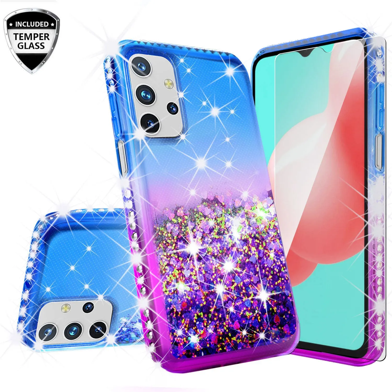 Samsung Galaxy A02s Case Liquid Glitter Phone Case Waterfall Floating Quicksand Bling Sparkle Cute Protective Girls Women Cover for Samsung Galaxy A02s w/ Tempered Glass - (Blue/Purple Gradient)