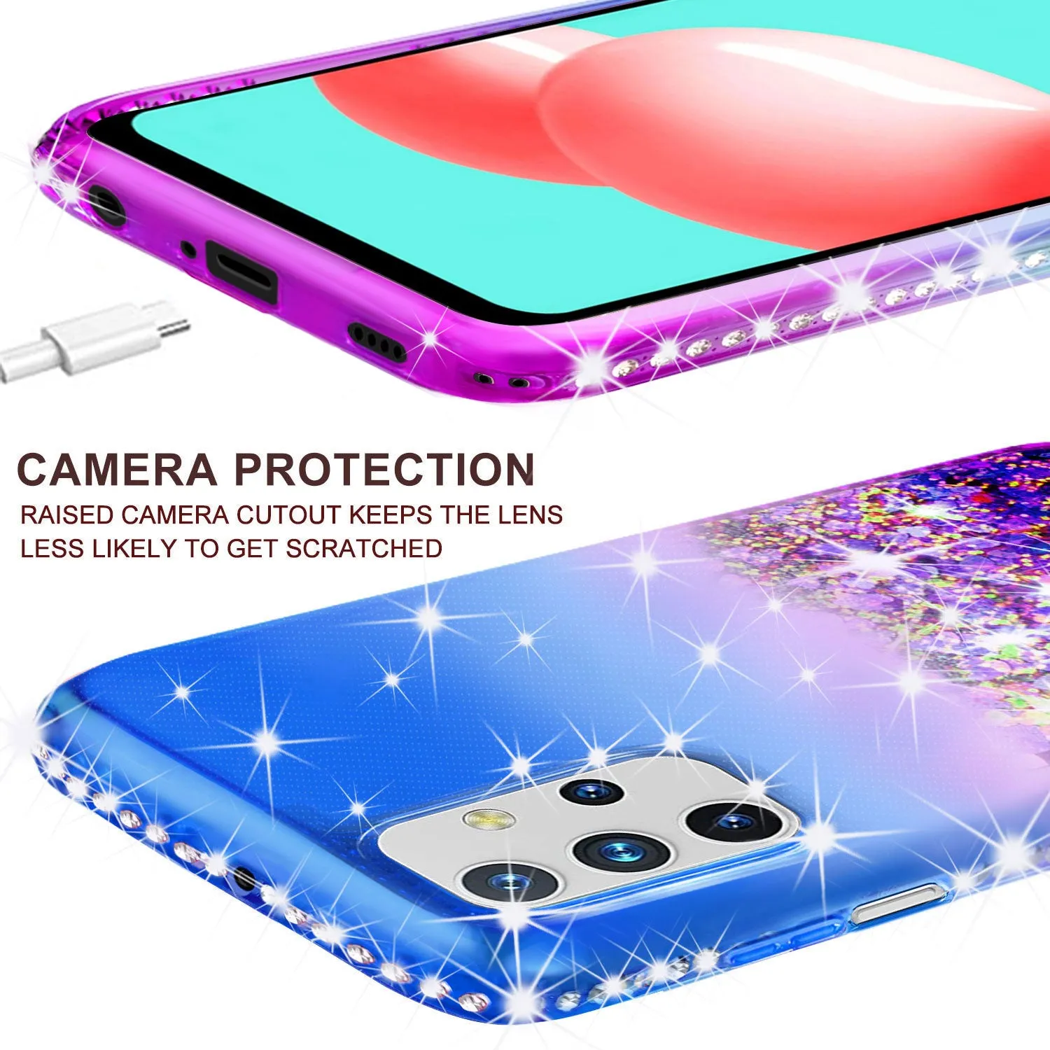 Samsung Galaxy A02s Case Liquid Glitter Phone Case Waterfall Floating Quicksand Bling Sparkle Cute Protective Girls Women Cover for Samsung Galaxy A02s w/ Tempered Glass - (Blue/Purple Gradient)