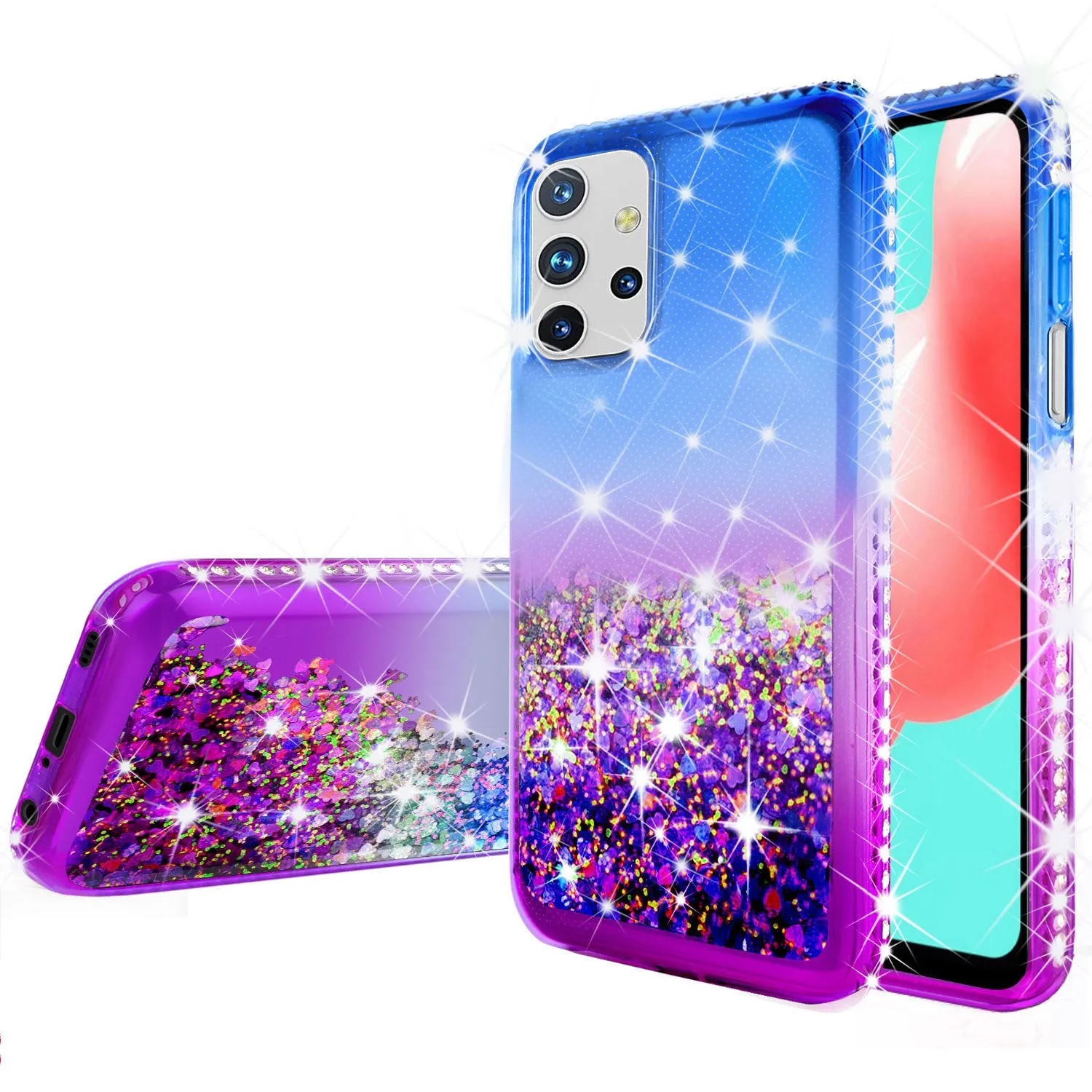 Samsung Galaxy A02s Case Liquid Glitter Phone Case Waterfall Floating Quicksand Bling Sparkle Cute Protective Girls Women Cover for Samsung Galaxy A02s w/ Tempered Glass - (Blue/Purple Gradient)