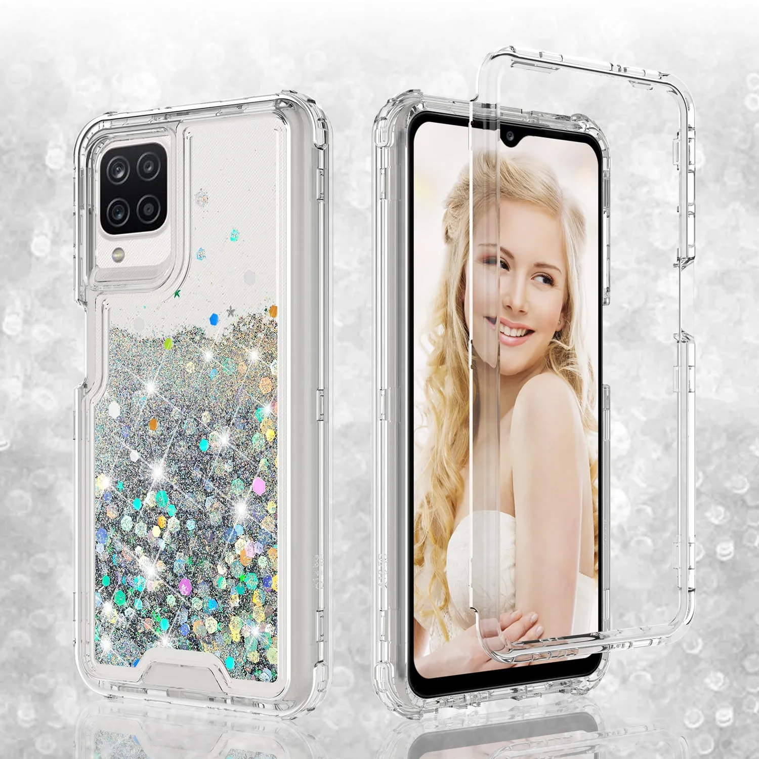 Samsung Galaxy A12 Case,Hard Clear Glitter Sparkle Flowing Liquid Heavy Duty Shockproof Three Layer Protective Bling Girls Women Cases for Samsung Galaxy A12 - Clear