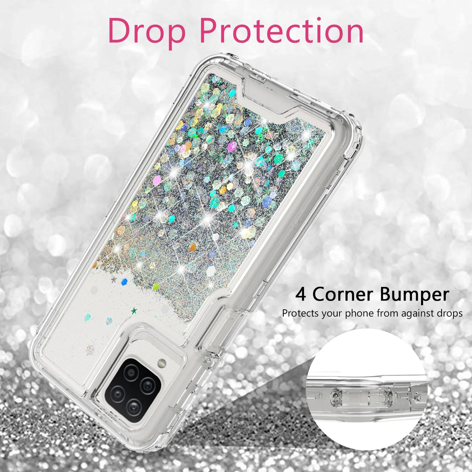 Samsung Galaxy A12 Case,Hard Clear Glitter Sparkle Flowing Liquid Heavy Duty Shockproof Three Layer Protective Bling Girls Women Cases for Samsung Galaxy A12 - Clear