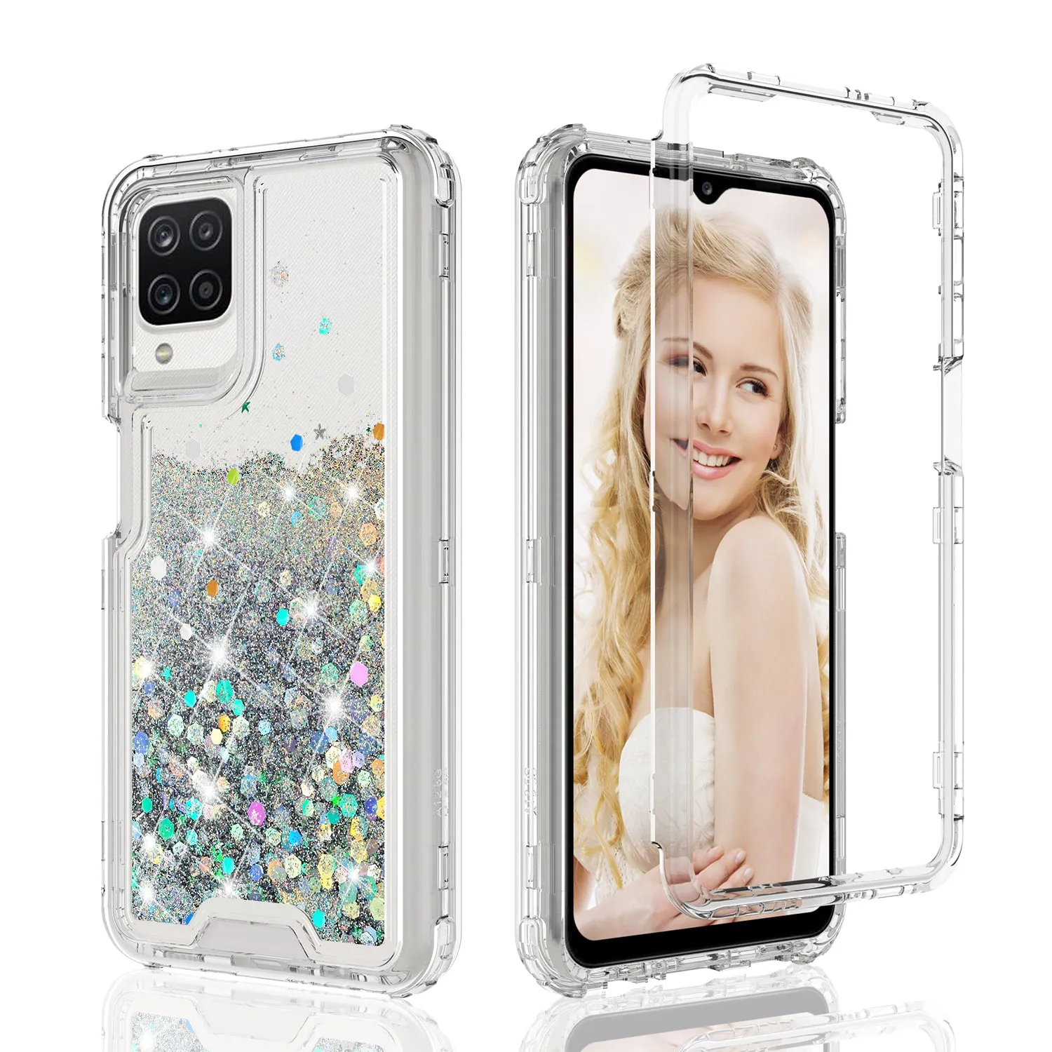 Samsung Galaxy A12 Case,Hard Clear Glitter Sparkle Flowing Liquid Heavy Duty Shockproof Three Layer Protective Bling Girls Women Cases for Samsung Galaxy A12 - Clear
