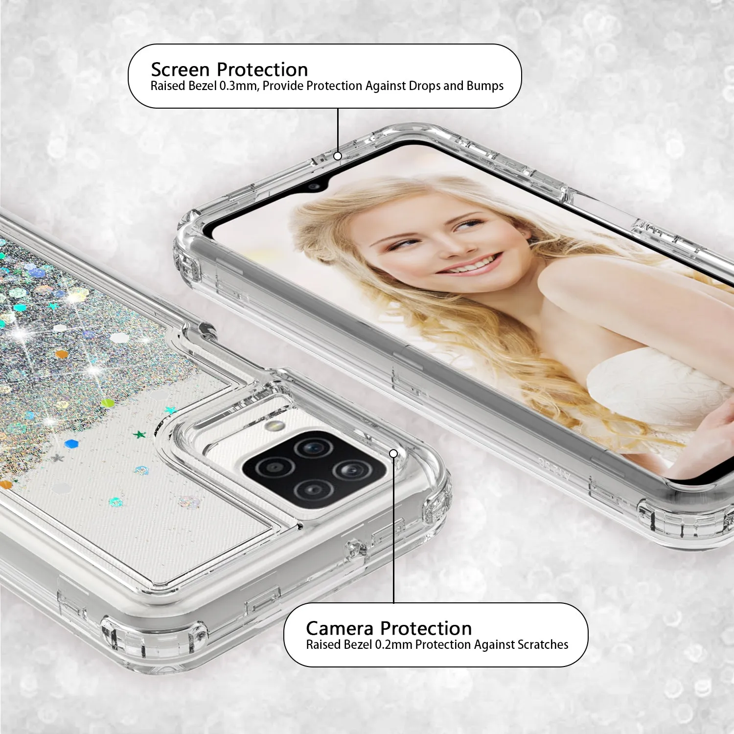 Samsung Galaxy A12 Case,Hard Clear Glitter Sparkle Flowing Liquid Heavy Duty Shockproof Three Layer Protective Bling Girls Women Cases for Samsung Galaxy A12 - Clear