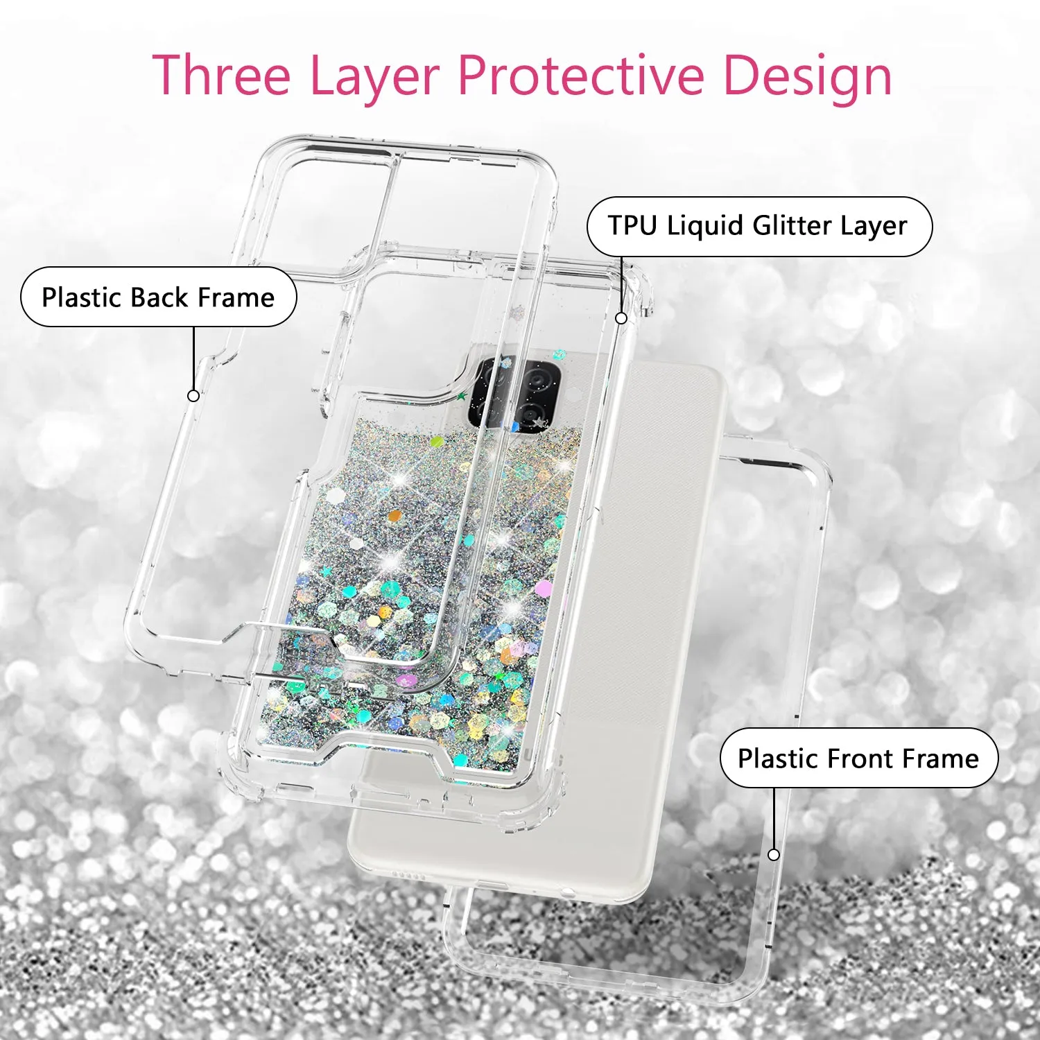 Samsung Galaxy A12 Case,Hard Clear Glitter Sparkle Flowing Liquid Heavy Duty Shockproof Three Layer Protective Bling Girls Women Cases for Samsung Galaxy A12 - Clear