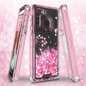 Samsung Galaxy A21 Case,Hard Clear Glitter Sparkle Flowing Liquid Heavy Duty Shockproof Three Layer Protective Bling Girls Women Cases for Samsung Galaxy A21 - Pink