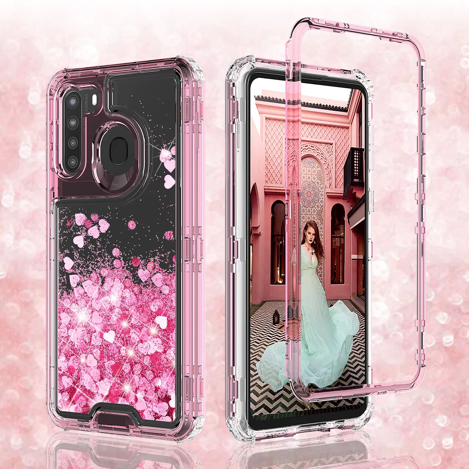 Samsung Galaxy A21 Case,Hard Clear Glitter Sparkle Flowing Liquid Heavy Duty Shockproof Three Layer Protective Bling Girls Women Cases for Samsung Galaxy A21 - Pink