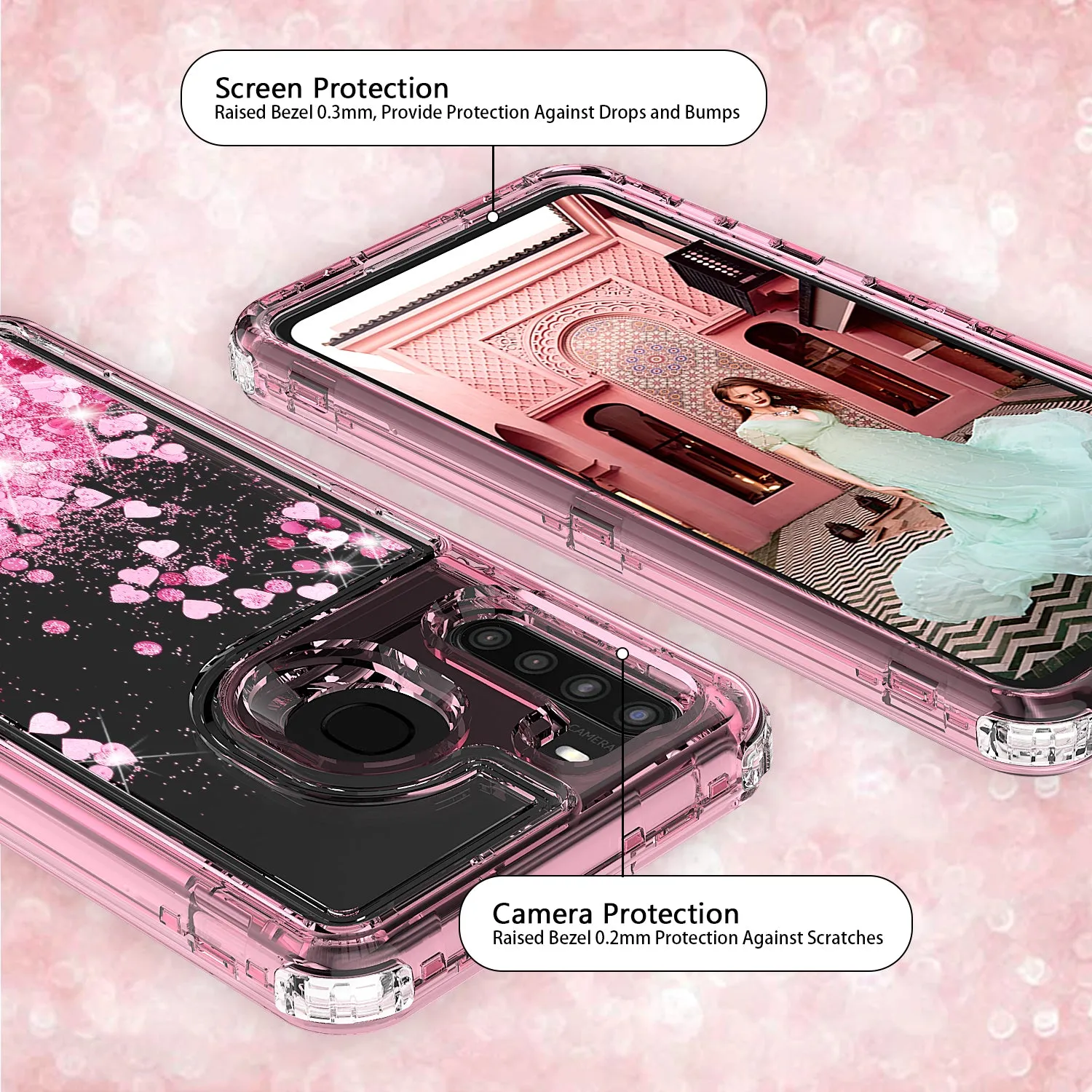Samsung Galaxy A21 Case,Hard Clear Glitter Sparkle Flowing Liquid Heavy Duty Shockproof Three Layer Protective Bling Girls Women Cases for Samsung Galaxy A21 - Pink