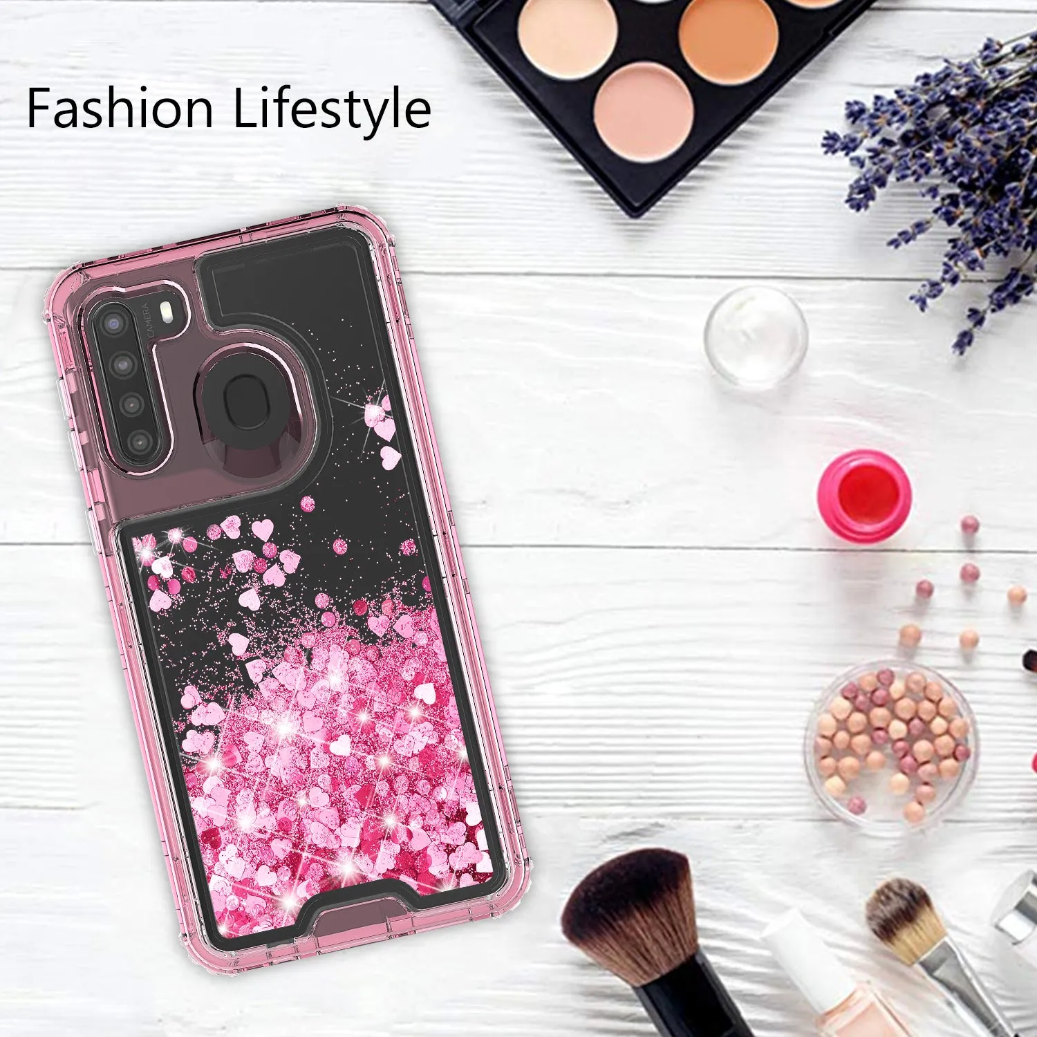 Samsung Galaxy A21 Case,Hard Clear Glitter Sparkle Flowing Liquid Heavy Duty Shockproof Three Layer Protective Bling Girls Women Cases for Samsung Galaxy A21 - Pink