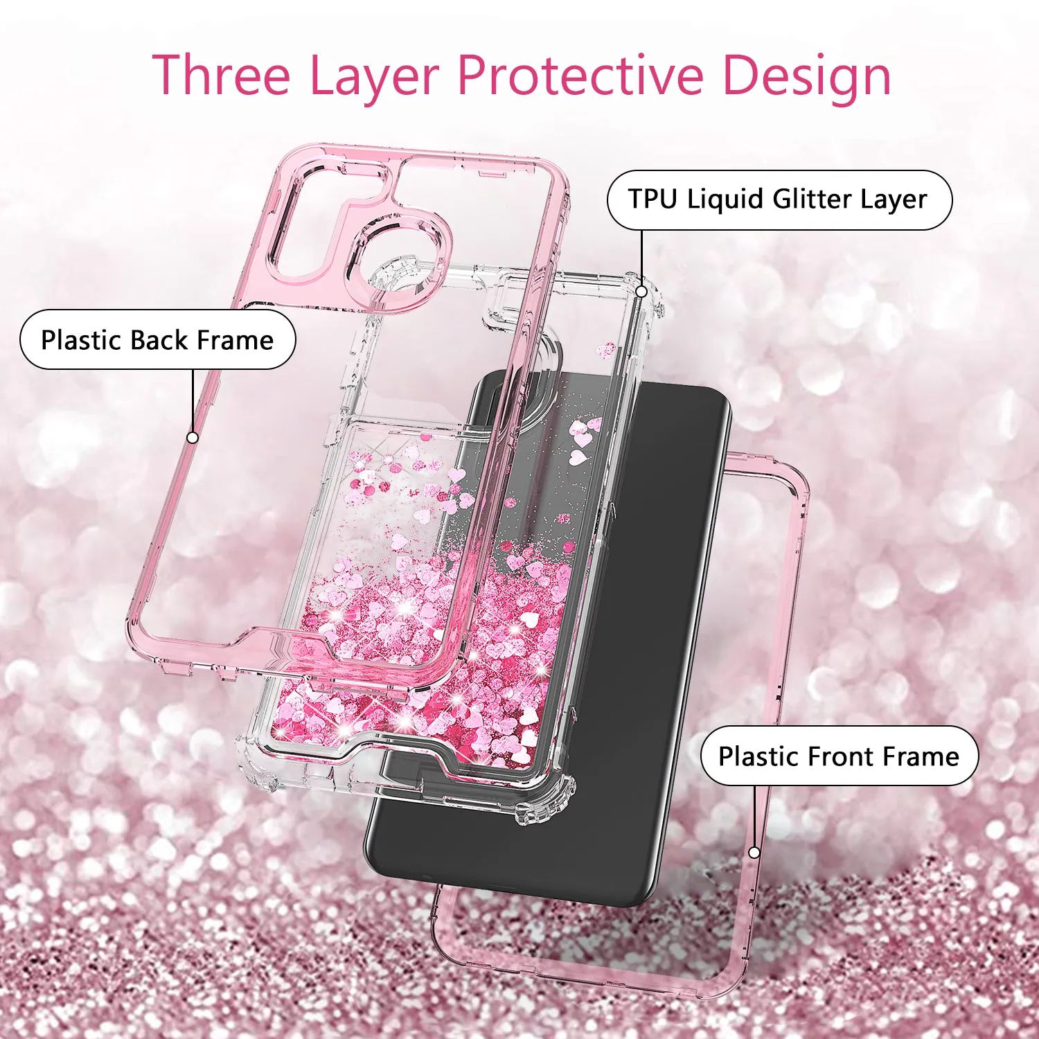 Samsung Galaxy A21 Case,Hard Clear Glitter Sparkle Flowing Liquid Heavy Duty Shockproof Three Layer Protective Bling Girls Women Cases for Samsung Galaxy A21 - Pink