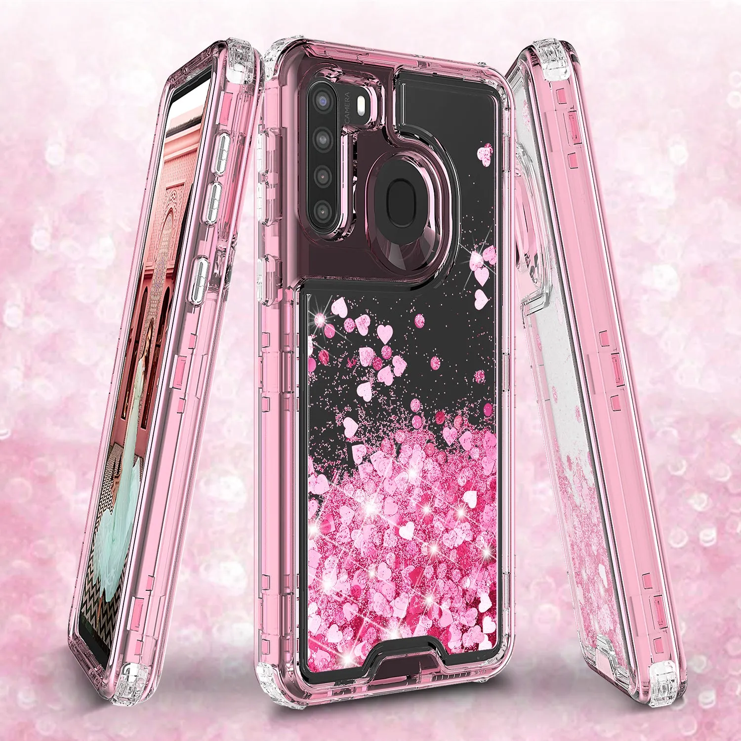Samsung Galaxy A21 Case,Hard Clear Glitter Sparkle Flowing Liquid Heavy Duty Shockproof Three Layer Protective Bling Girls Women Cases for Samsung Galaxy A21 - Pink