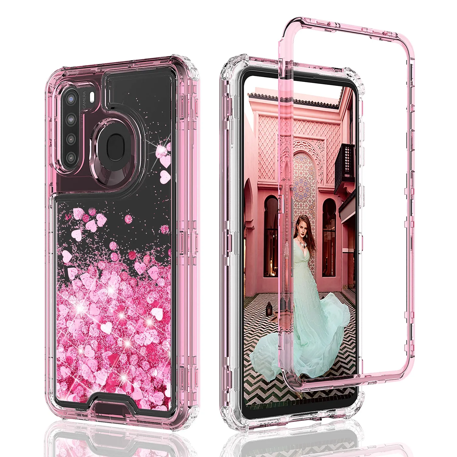 Samsung Galaxy A21 Case,Hard Clear Glitter Sparkle Flowing Liquid Heavy Duty Shockproof Three Layer Protective Bling Girls Women Cases for Samsung Galaxy A21 - Pink