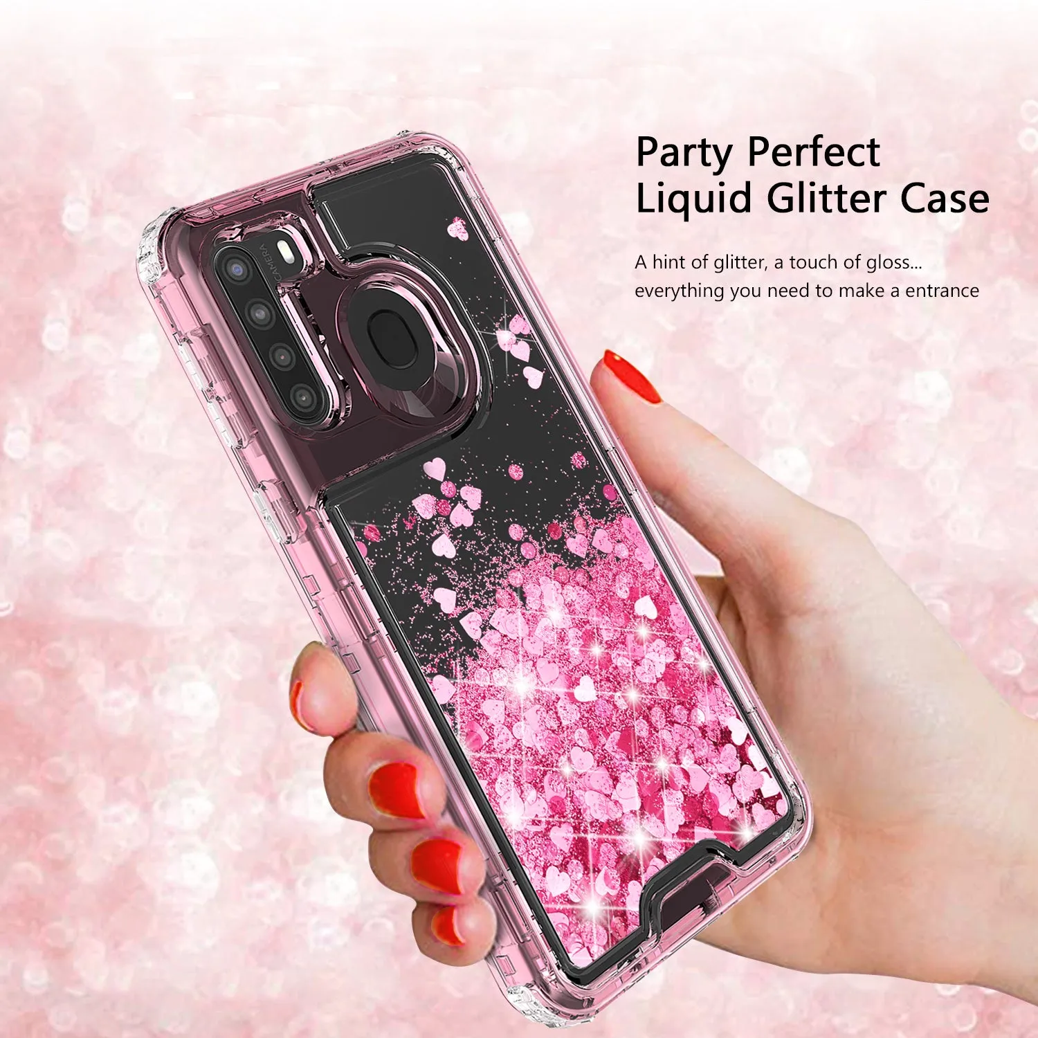 Samsung Galaxy A21 Case,Hard Clear Glitter Sparkle Flowing Liquid Heavy Duty Shockproof Three Layer Protective Bling Girls Women Cases for Samsung Galaxy A21 - Pink
