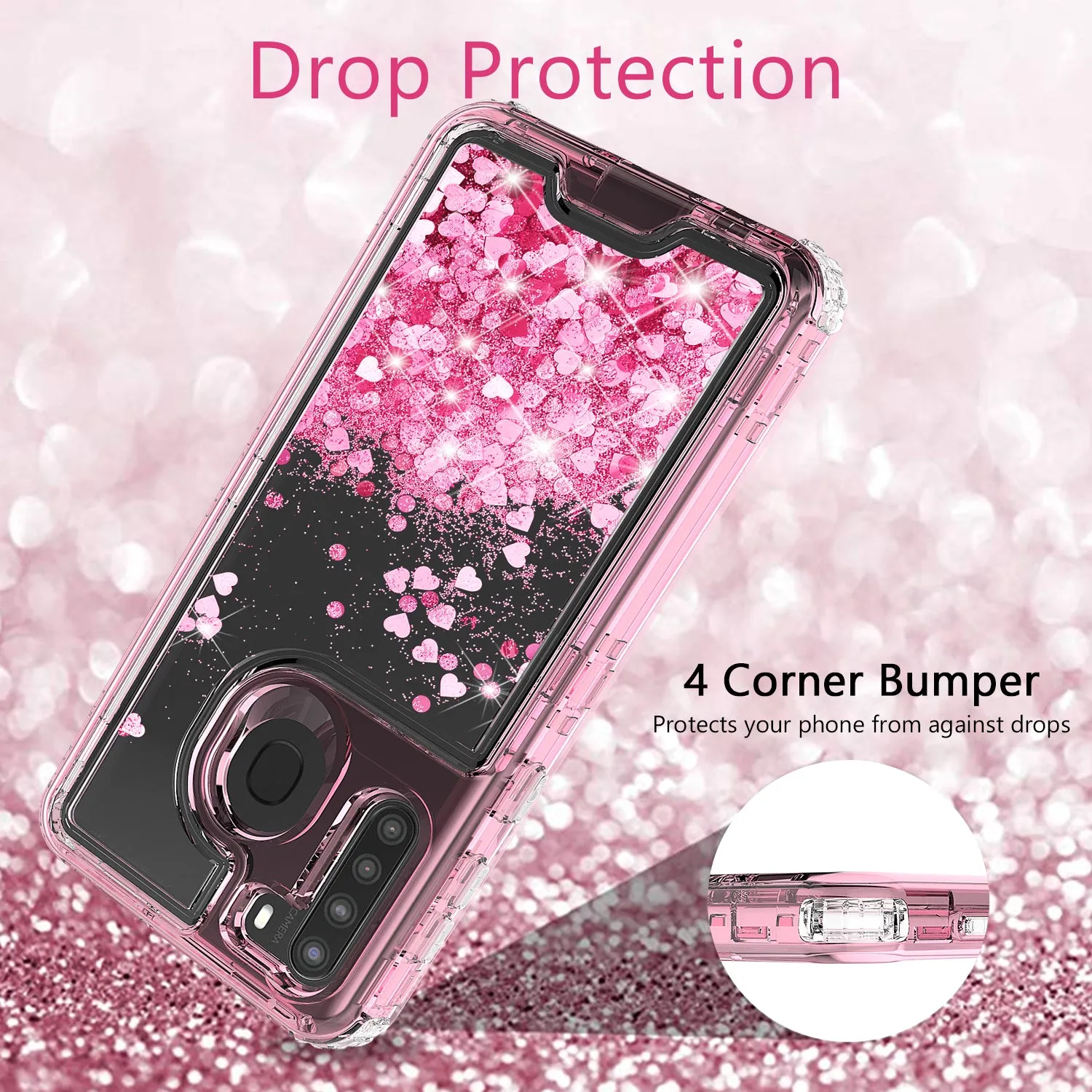 Samsung Galaxy A21 Case,Hard Clear Glitter Sparkle Flowing Liquid Heavy Duty Shockproof Three Layer Protective Bling Girls Women Cases for Samsung Galaxy A21 - Pink