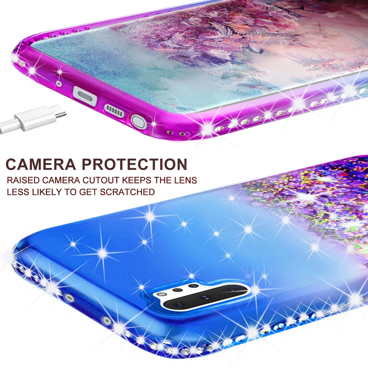 Samsung Galaxy Note 10  Case,Galaxy Note 10 Plus Case Liquid Glitter Phone Case Waterfall Floating Quicksand Bling Sparkle Cute Protective Girls Women Cover for Galaxy Note 10 Plus W/Temper Glass -  (Blue/Purple Gradient)