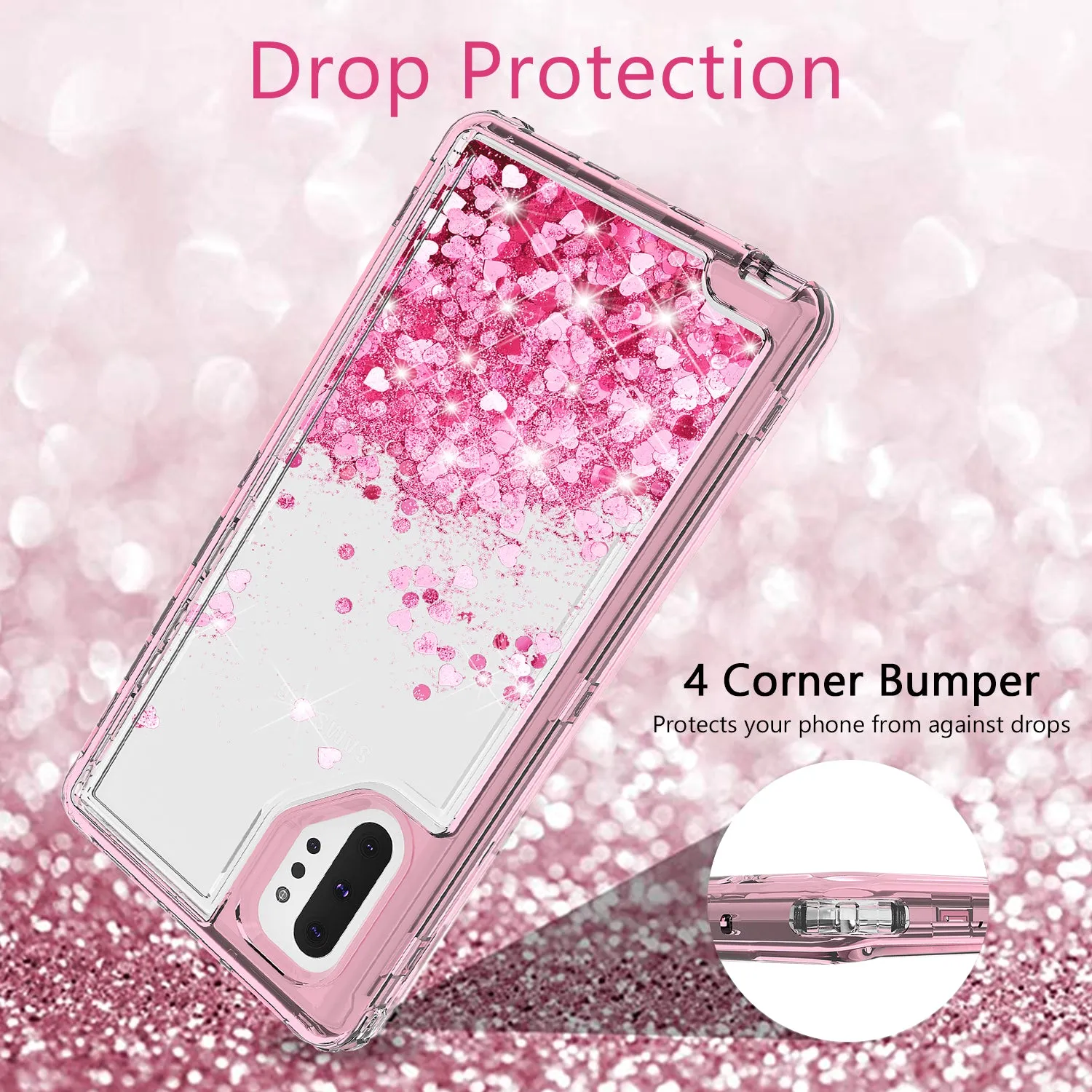Samsung Galaxy Note 10 Case,Hard Clear Glitter Sparkle Flowing Liquid Heavy Duty Shockproof Three Layer Protective Bling Girls Women Cases for Samsung Galaxy Note 10 - Pink