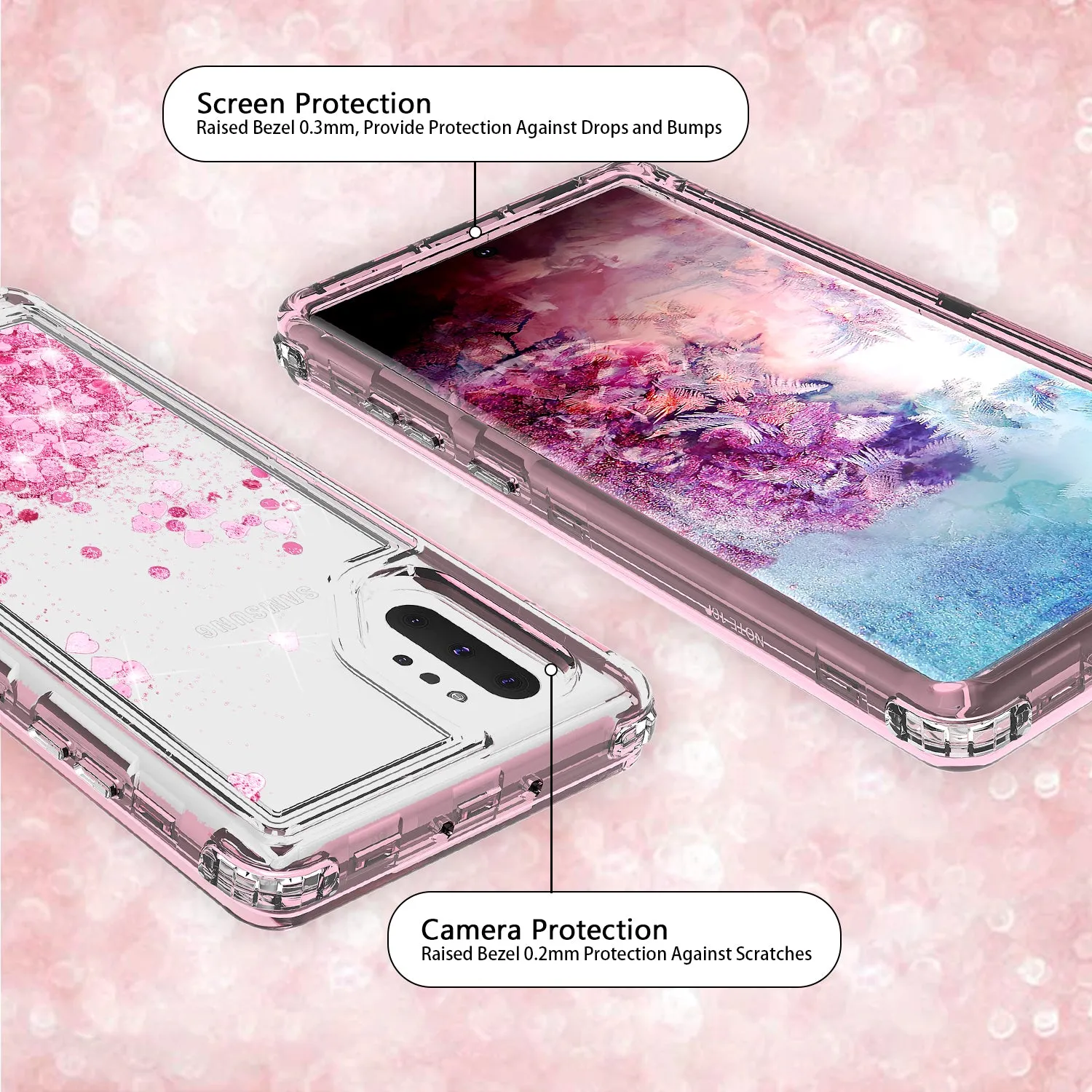 Samsung Galaxy Note 10 Case,Hard Clear Glitter Sparkle Flowing Liquid Heavy Duty Shockproof Three Layer Protective Bling Girls Women Cases for Samsung Galaxy Note 10 - Pink