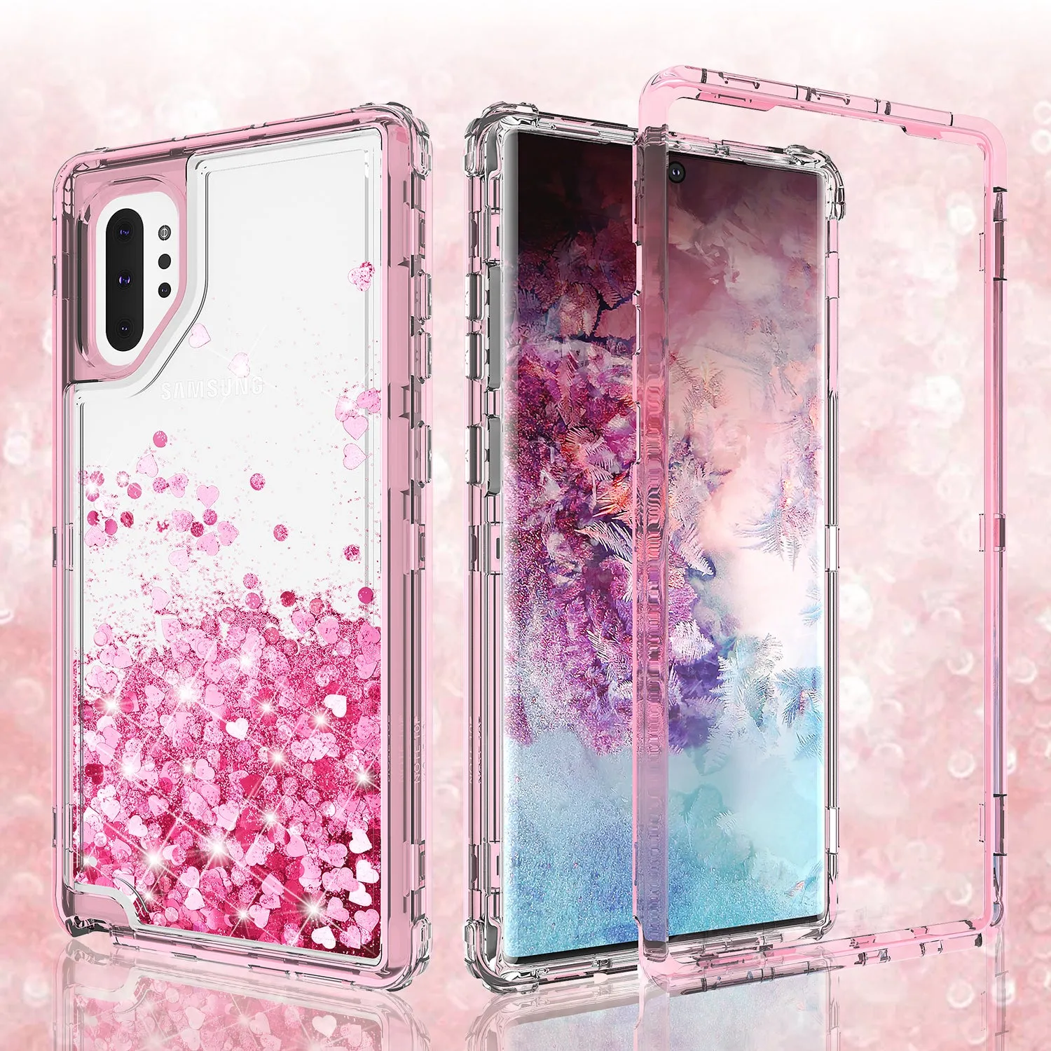 Samsung Galaxy Note 10 Case,Hard Clear Glitter Sparkle Flowing Liquid Heavy Duty Shockproof Three Layer Protective Bling Girls Women Cases for Samsung Galaxy Note 10 - Pink