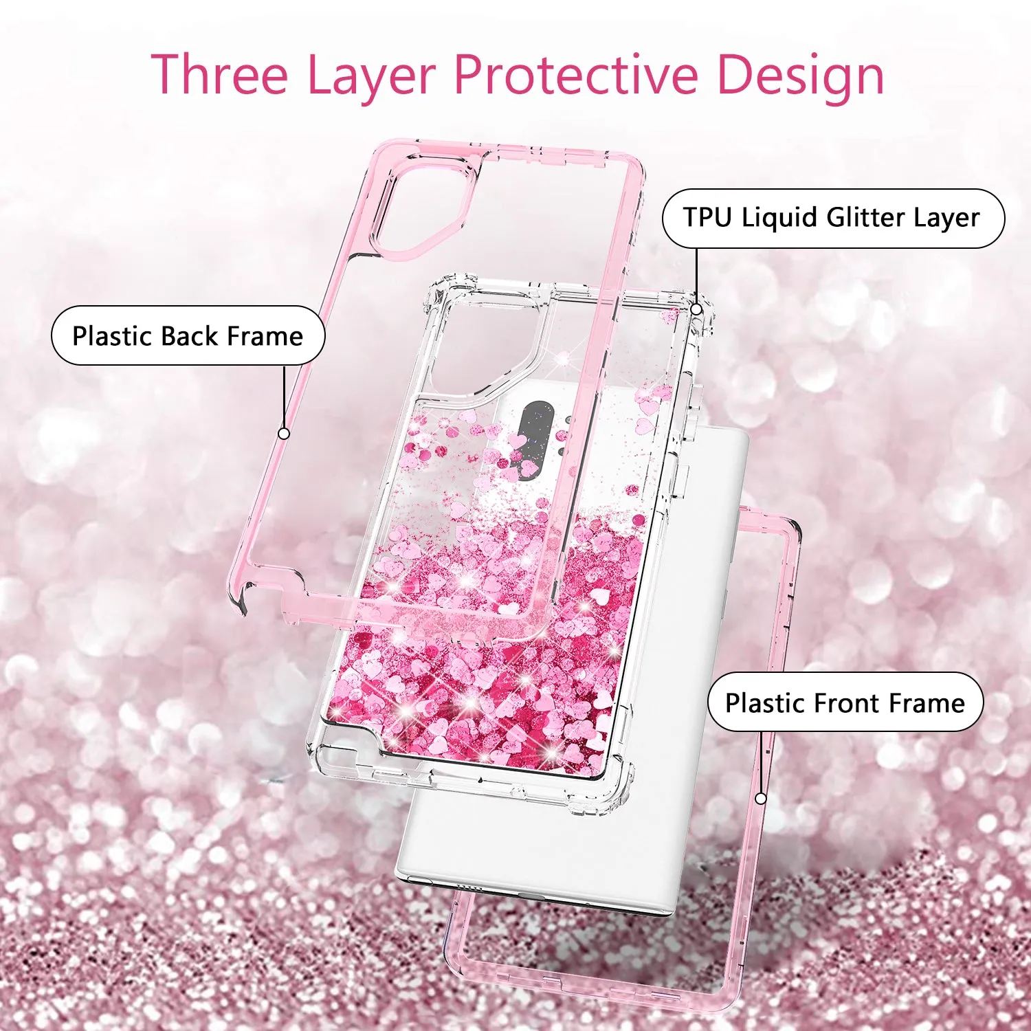 Samsung Galaxy Note 10 Case,Hard Clear Glitter Sparkle Flowing Liquid Heavy Duty Shockproof Three Layer Protective Bling Girls Women Cases for Samsung Galaxy Note 10 - Pink