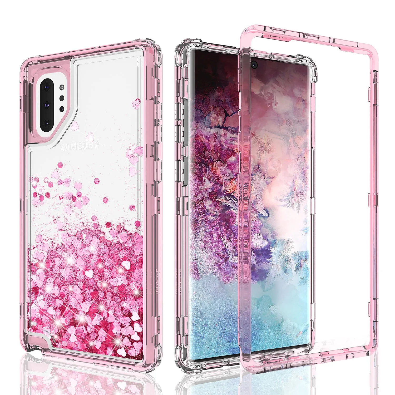 Samsung Galaxy Note 10 Case,Hard Clear Glitter Sparkle Flowing Liquid Heavy Duty Shockproof Three Layer Protective Bling Girls Women Cases for Samsung Galaxy Note 10 - Pink