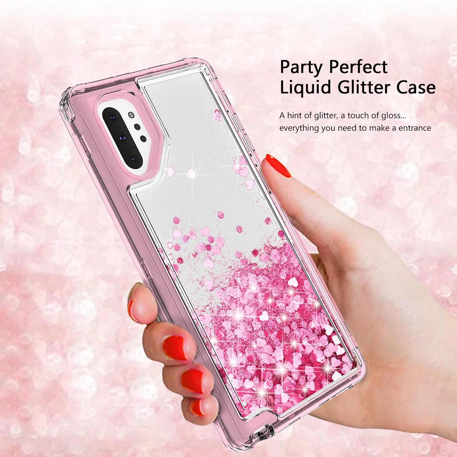 Samsung Galaxy Note 10 Case,Hard Clear Glitter Sparkle Flowing Liquid Heavy Duty Shockproof Three Layer Protective Bling Girls Women Cases for Samsung Galaxy Note 10 - Pink