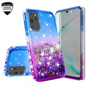 Samsung Galaxy Note 20 Case Liquid Glitter Phone Case Waterfall Floating Quicksand Bling Sparkle Cute Protective Girls Women Cover for Samsung Galaxy Note 20 W/Temper Glass- (Blue/Purple Gradient)