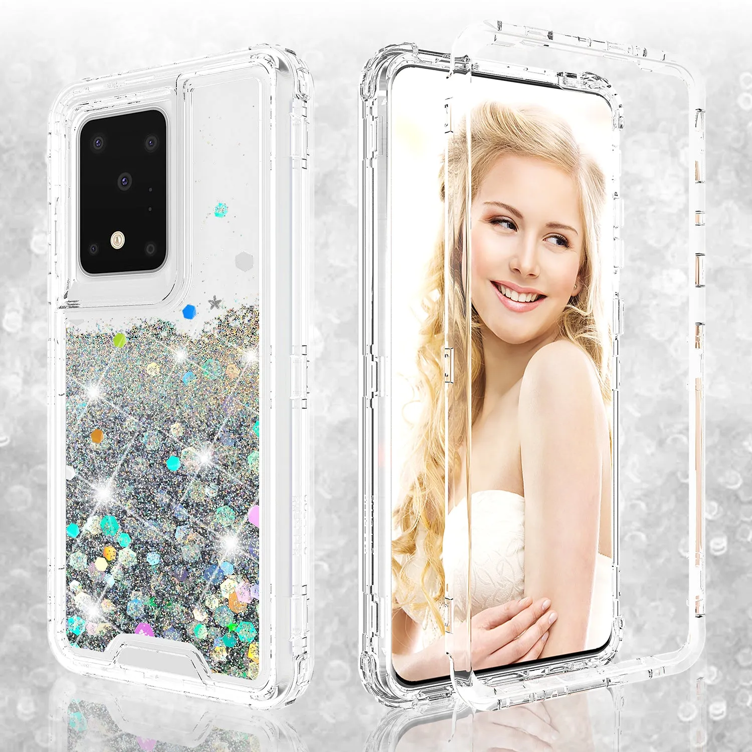Samsung Galaxy S20 Case,Hard Clear Glitter Sparkle Flowing Liquid Heavy Duty Shockproof Three Layer Protective Bling Girls Women Cases for Samsung Galaxy S20 - Clear