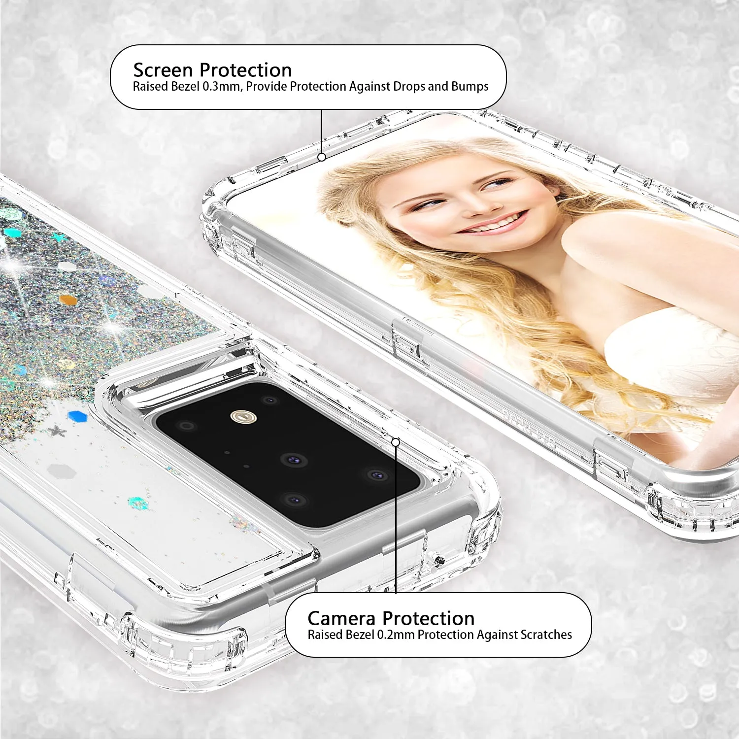 Samsung Galaxy S20 Case,Hard Clear Glitter Sparkle Flowing Liquid Heavy Duty Shockproof Three Layer Protective Bling Girls Women Cases for Samsung Galaxy S20 - Clear