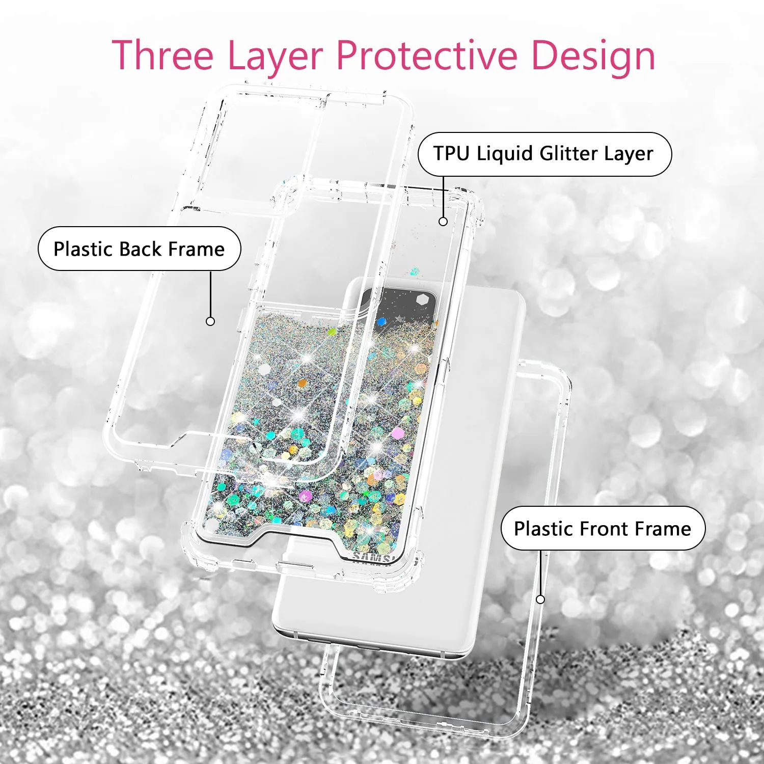 Samsung Galaxy S20 Case,Hard Clear Glitter Sparkle Flowing Liquid Heavy Duty Shockproof Three Layer Protective Bling Girls Women Cases for Samsung Galaxy S20 - Clear