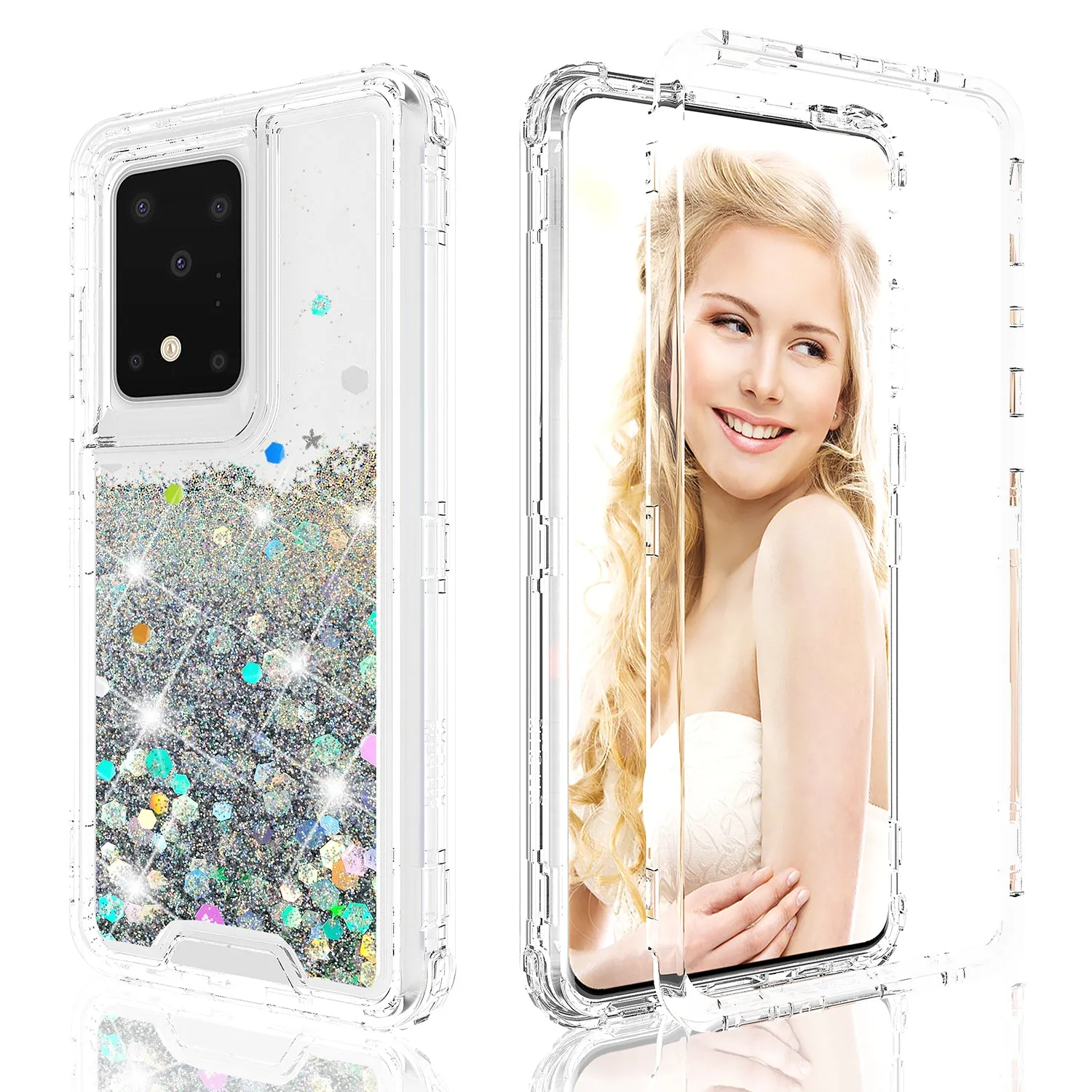 Samsung Galaxy S20 Case,Hard Clear Glitter Sparkle Flowing Liquid Heavy Duty Shockproof Three Layer Protective Bling Girls Women Cases for Samsung Galaxy S20 - Clear