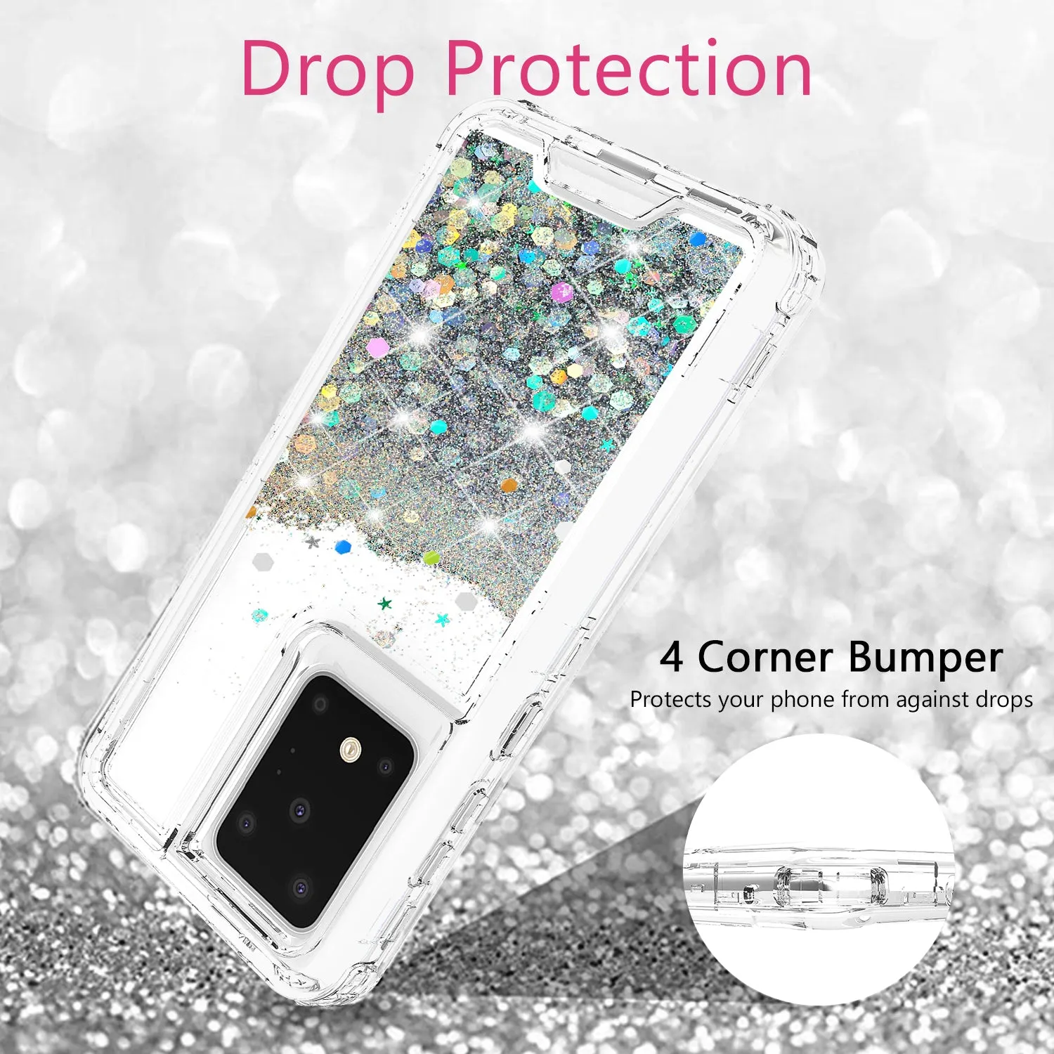 Samsung Galaxy S20 Case,Hard Clear Glitter Sparkle Flowing Liquid Heavy Duty Shockproof Three Layer Protective Bling Girls Women Cases for Samsung Galaxy S20 - Clear