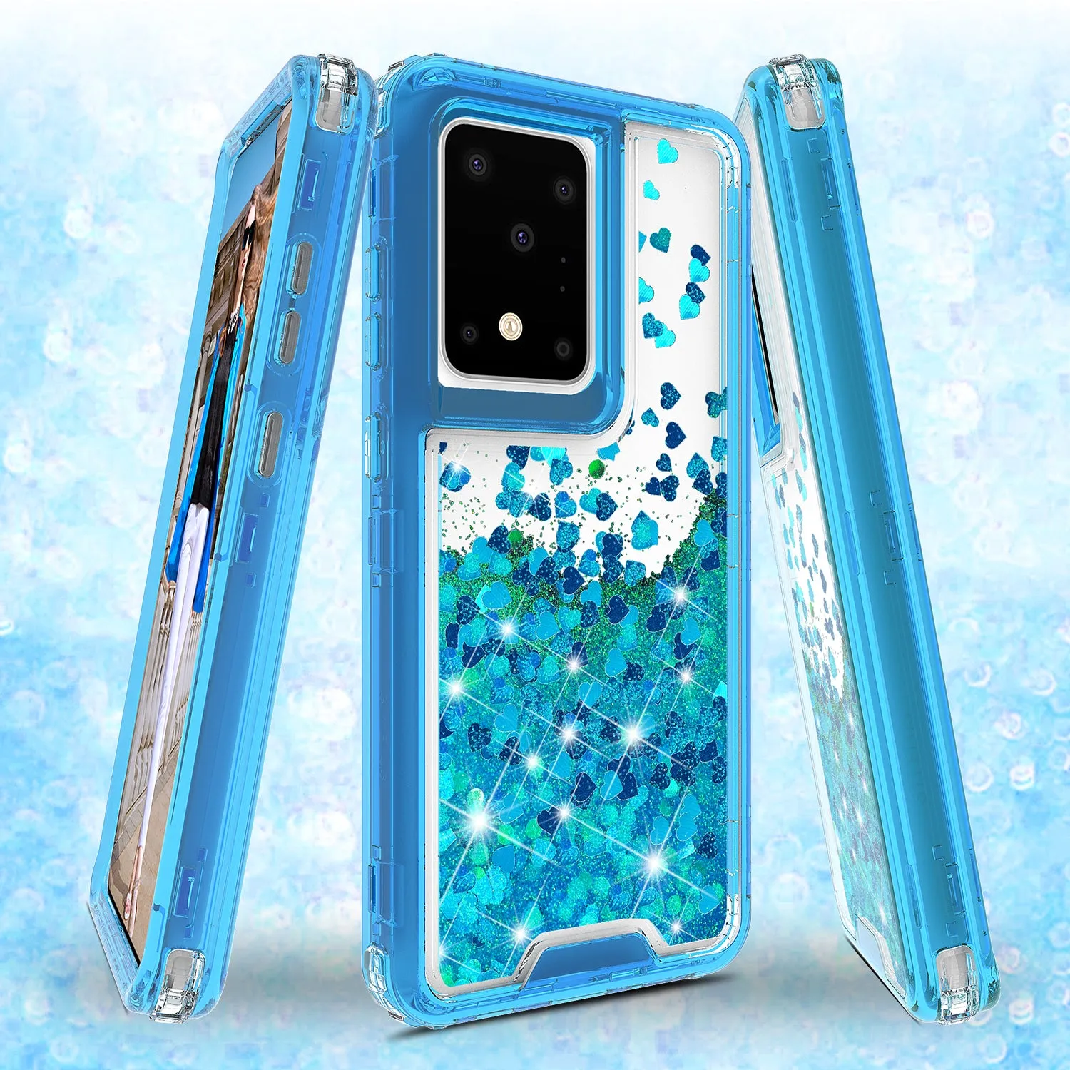 Samsung Galaxy S20 Ultra Case,Hard Clear Glitter Sparkle Flowing Liquid Heavy Duty Shockproof Three Layer Protective Bling Girls Women Cases for Samsung Galaxy S20 Ultra - Teal