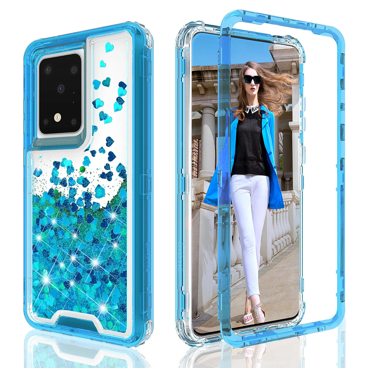 Samsung Galaxy S20 Ultra Case,Hard Clear Glitter Sparkle Flowing Liquid Heavy Duty Shockproof Three Layer Protective Bling Girls Women Cases for Samsung Galaxy S20 Ultra - Teal