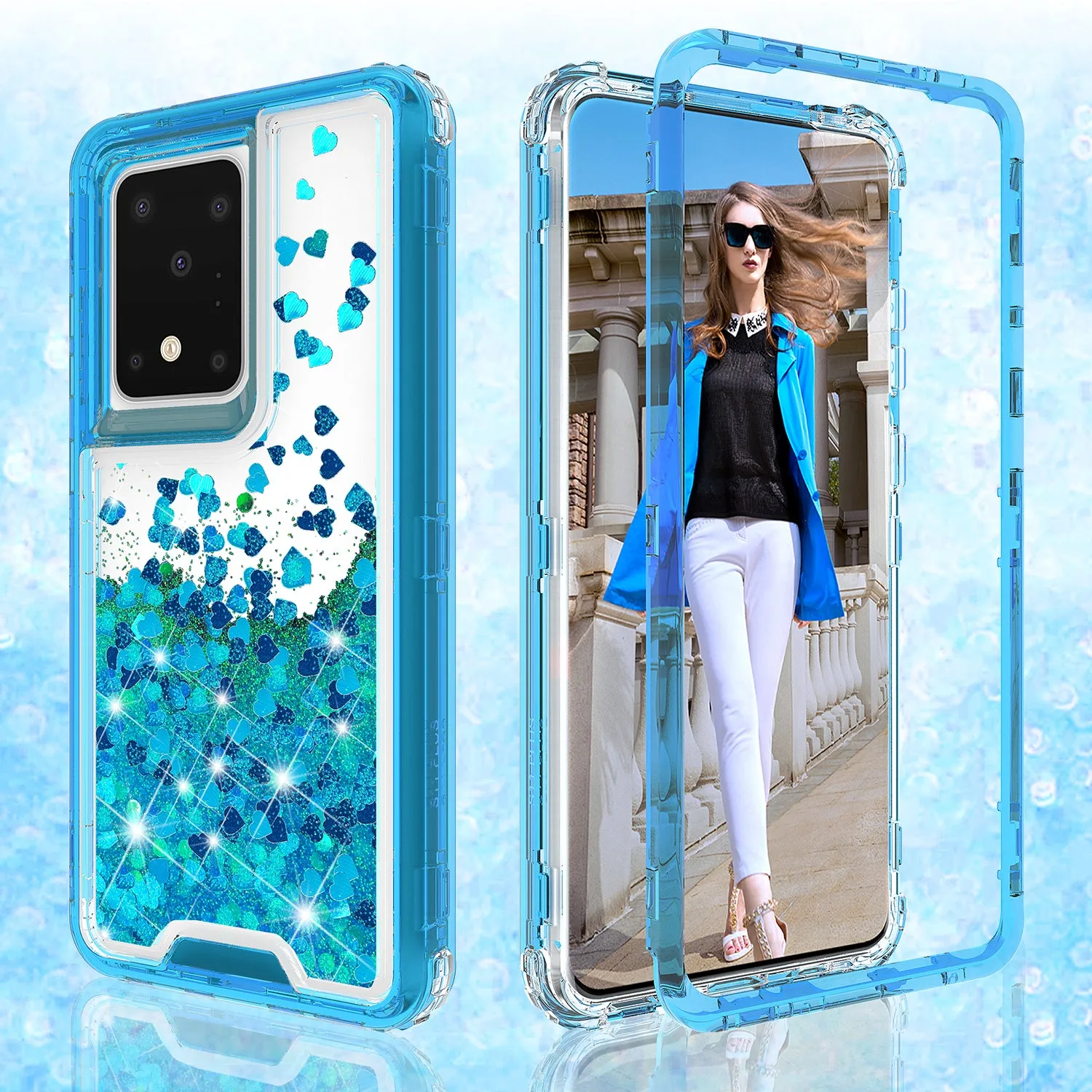 Samsung Galaxy S20 Ultra Case,Hard Clear Glitter Sparkle Flowing Liquid Heavy Duty Shockproof Three Layer Protective Bling Girls Women Cases for Samsung Galaxy S20 Ultra - Teal