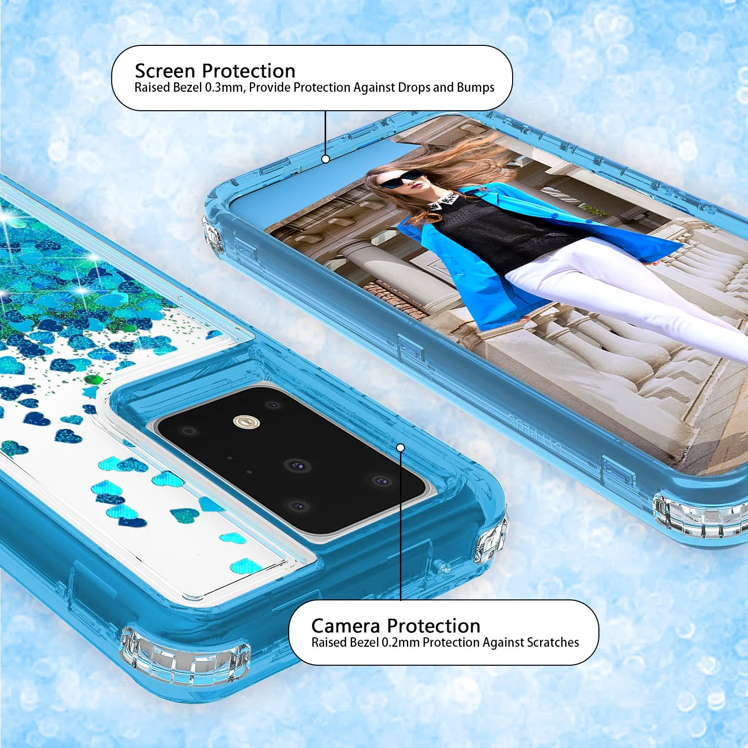 Samsung Galaxy S20 Ultra Case,Hard Clear Glitter Sparkle Flowing Liquid Heavy Duty Shockproof Three Layer Protective Bling Girls Women Cases for Samsung Galaxy S20 Ultra - Teal