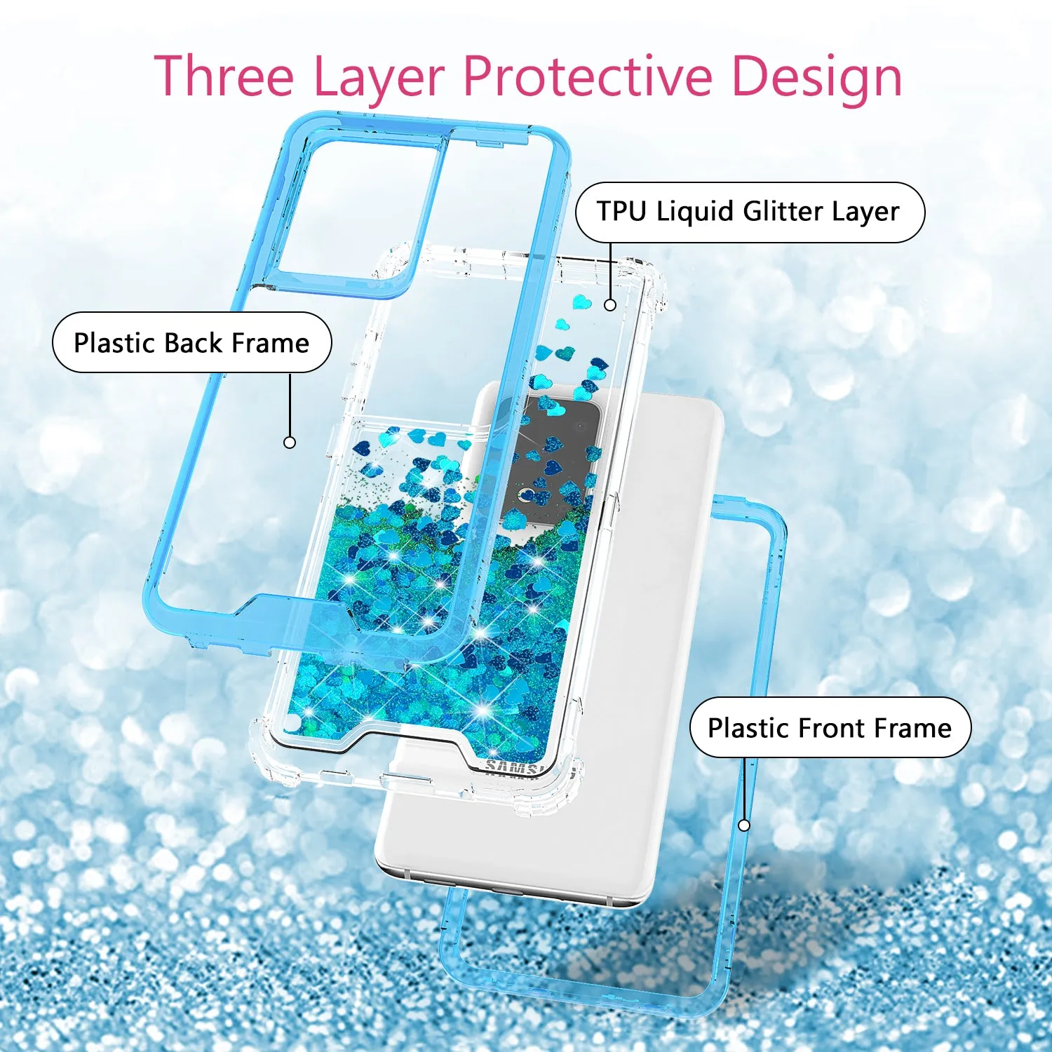 Samsung Galaxy S20 Ultra Case,Hard Clear Glitter Sparkle Flowing Liquid Heavy Duty Shockproof Three Layer Protective Bling Girls Women Cases for Samsung Galaxy S20 Ultra - Teal