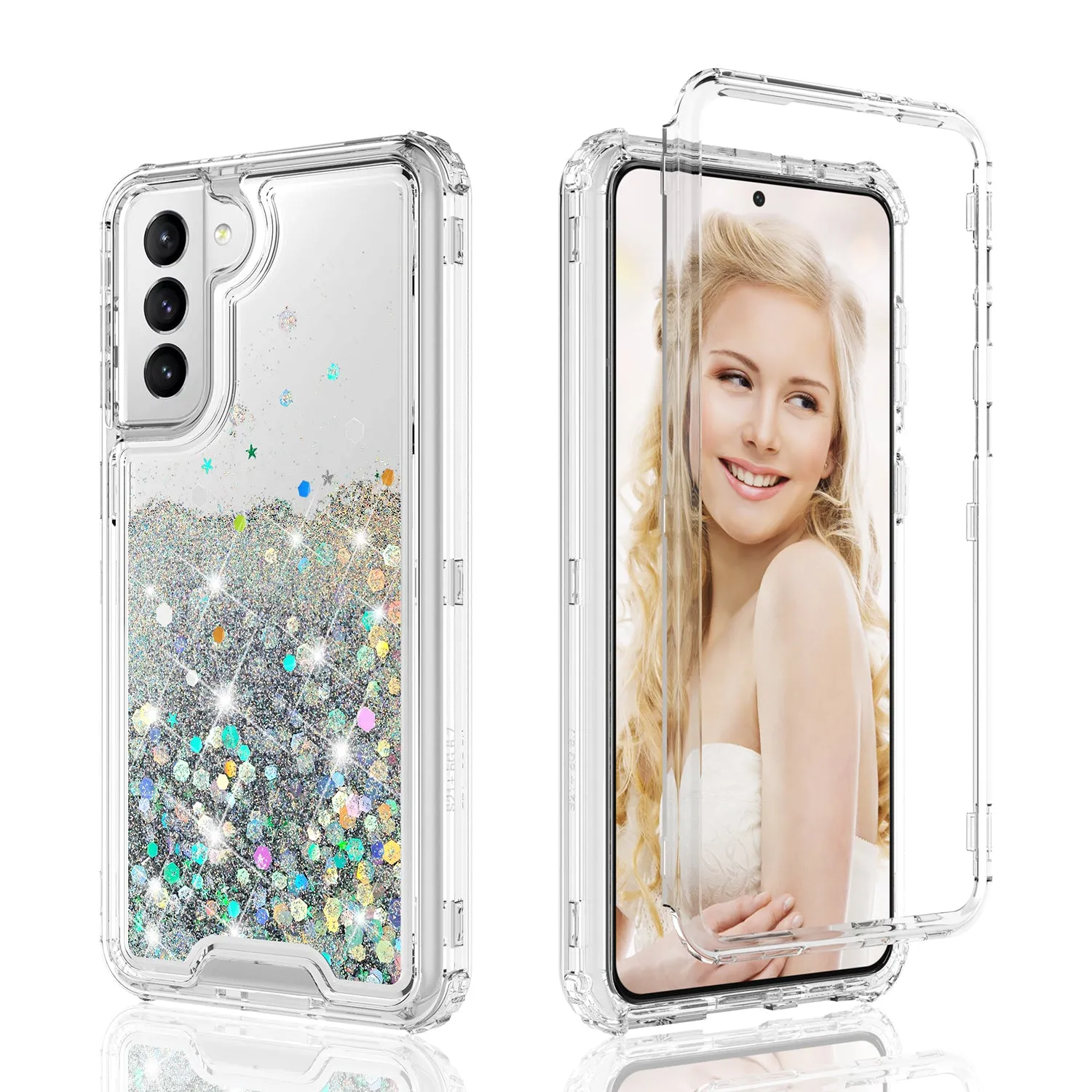 Samsung Galaxy S21  /Galaxy S21 Plus Case,Hard Clear Glitter Sparkle Flowing Liquid Heavy Duty Shockproof Three Layer Protective Bling Girls Women Cases for Samsung Galaxy S21  /Galaxy S21 Plus - Clear